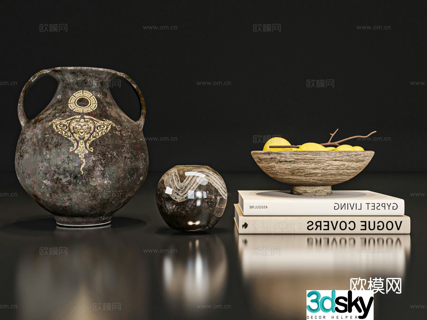 Wabi-sabi ornaments books vase 3d model