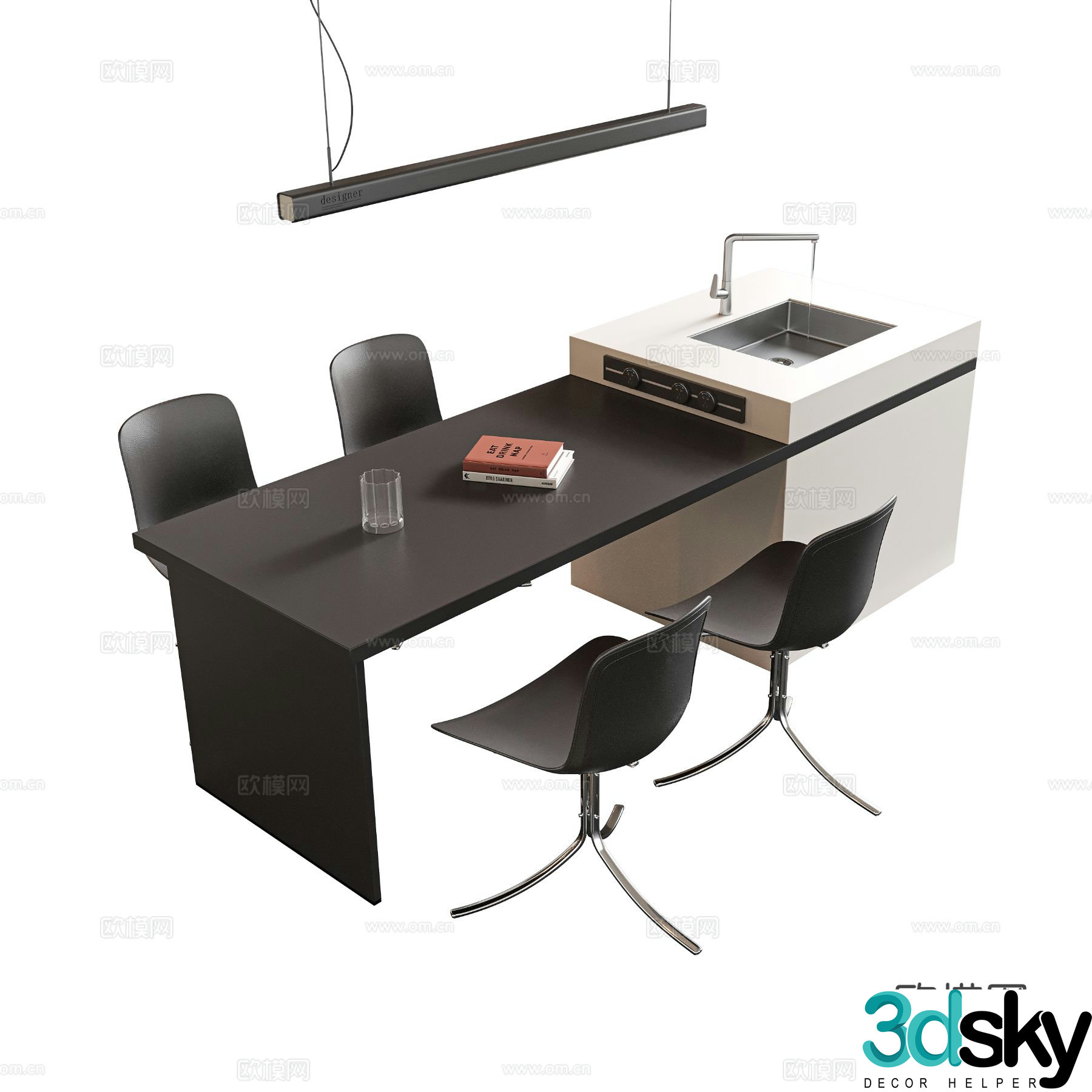 Modern island dining table and chairs 3d model