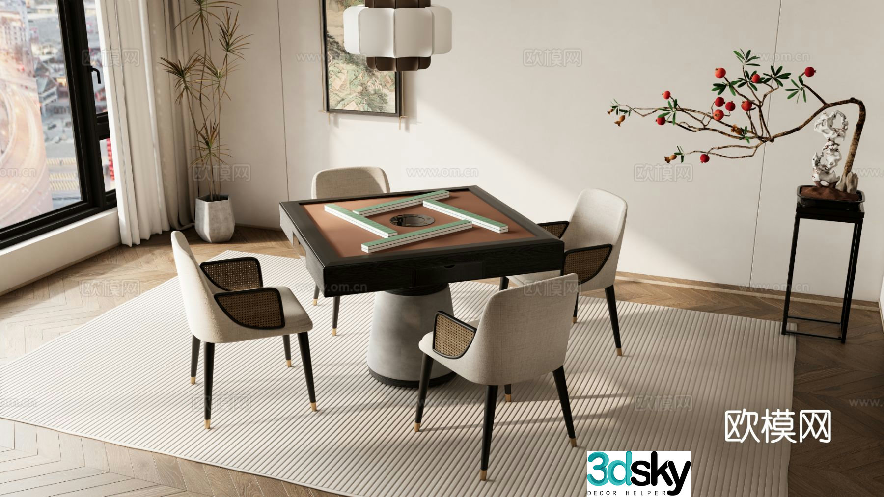 New Chinese style mahjong table chess table and chairs 3d model