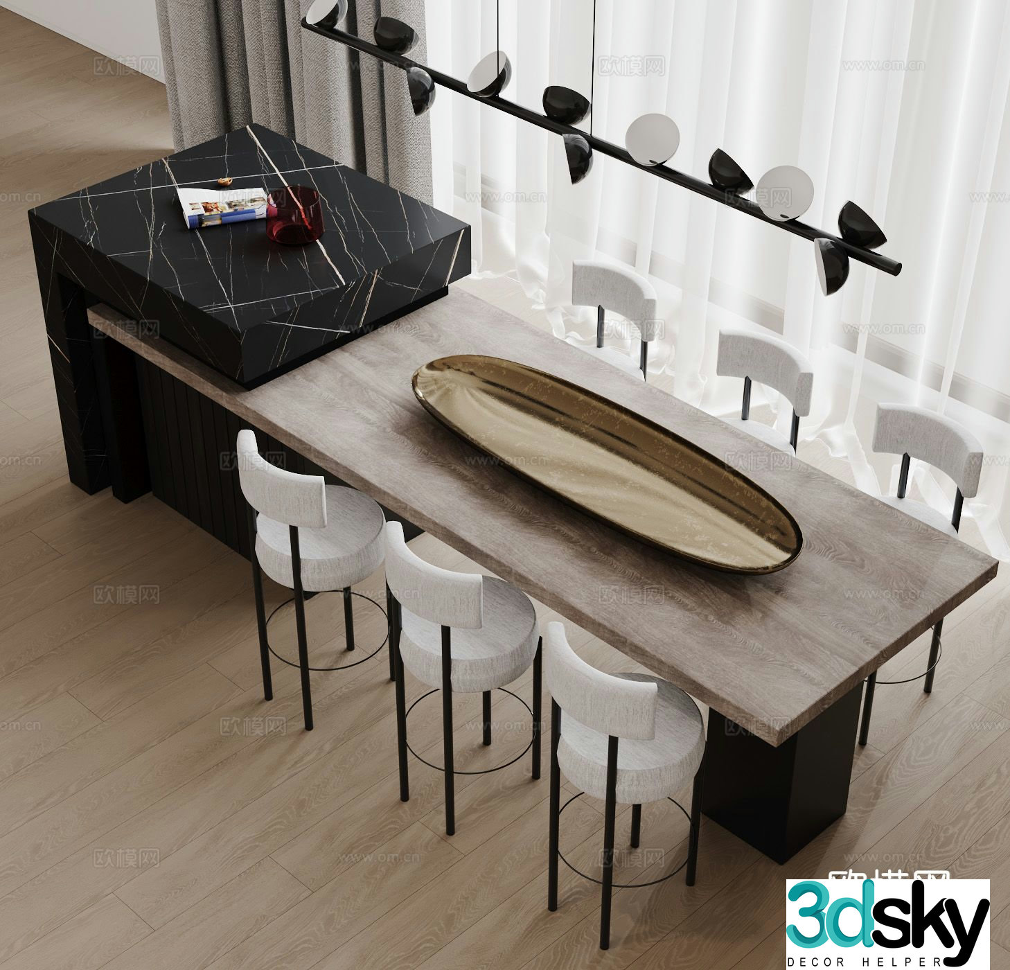 Modern island table dining table and chairs 3d model