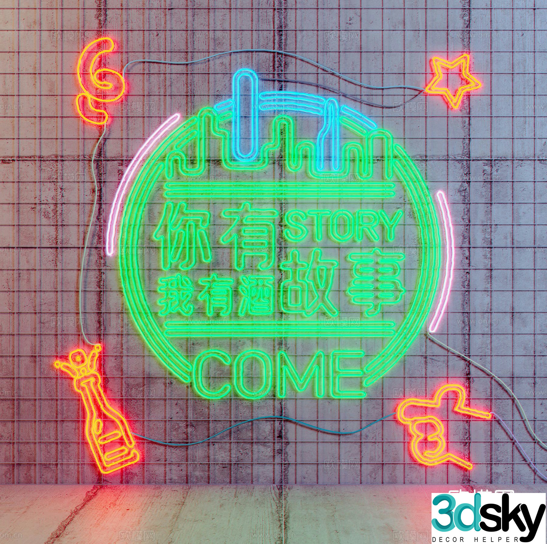 Modern bar neon lights background wall decorative lights 3d model