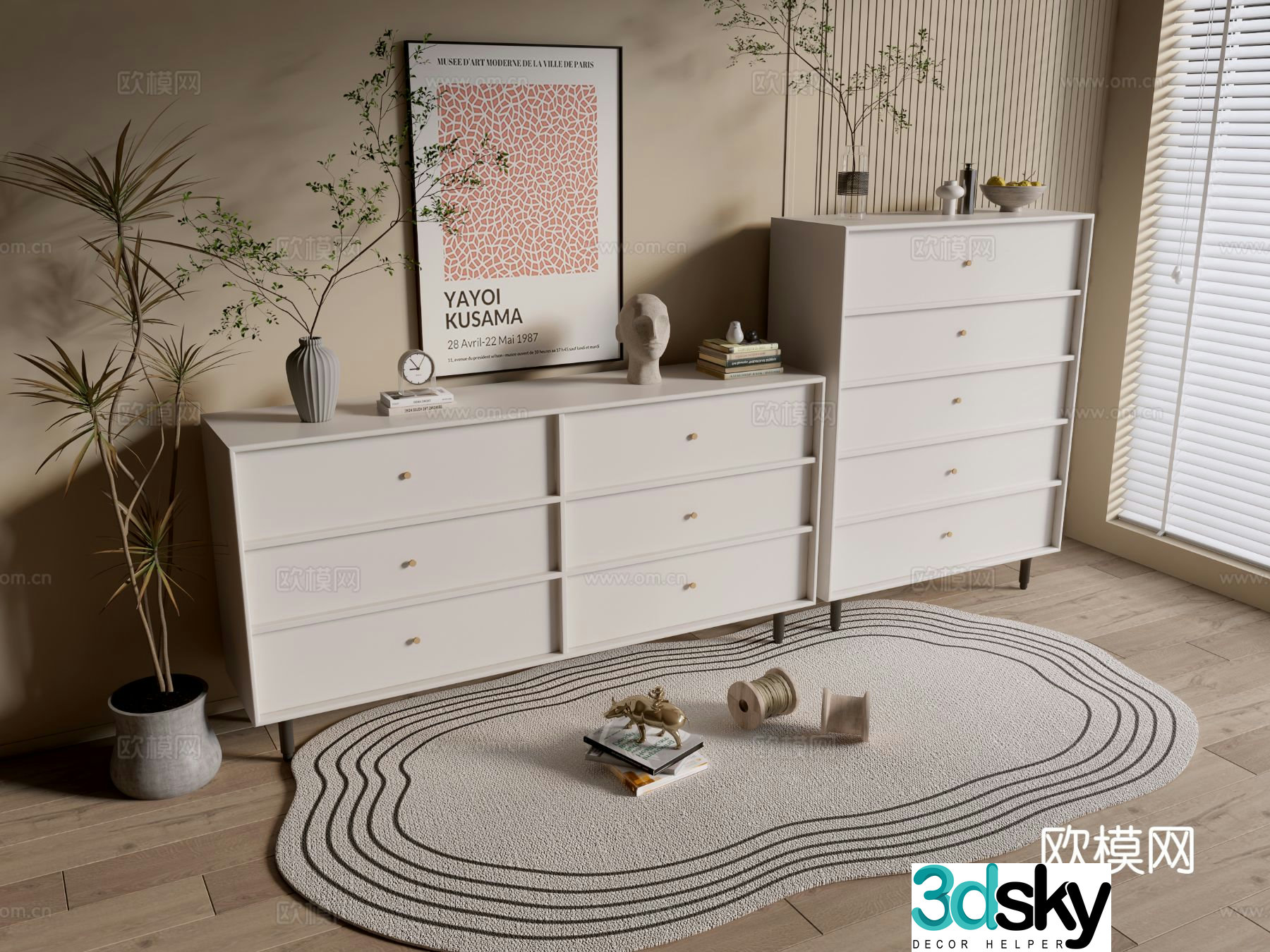 Cream style chest of drawers side cabinet 3d model