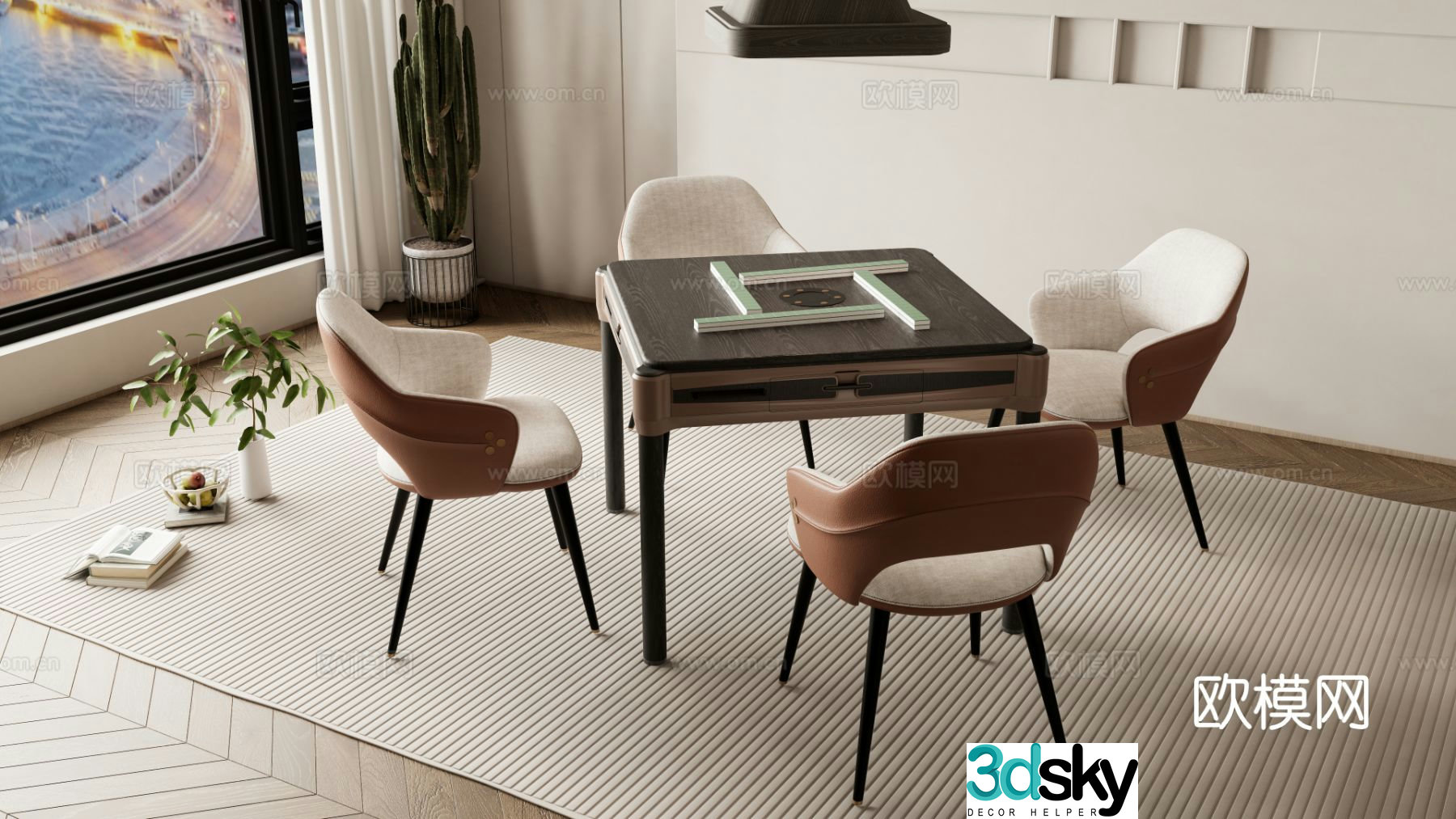 Modern mahjong table chess table and chairs 3d model