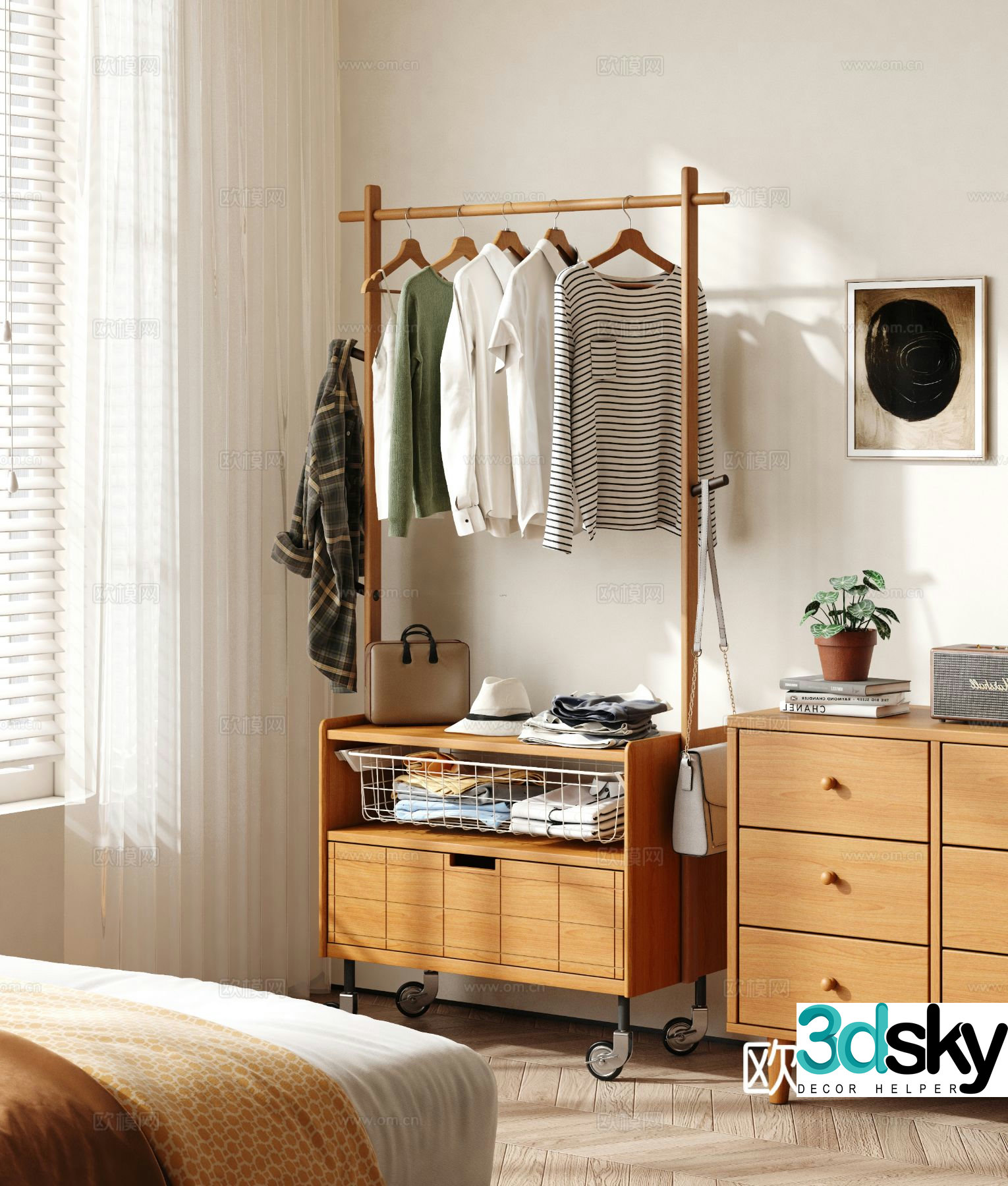 Log style clothes hanger coat rack floor-standing clothes hanger 3D model