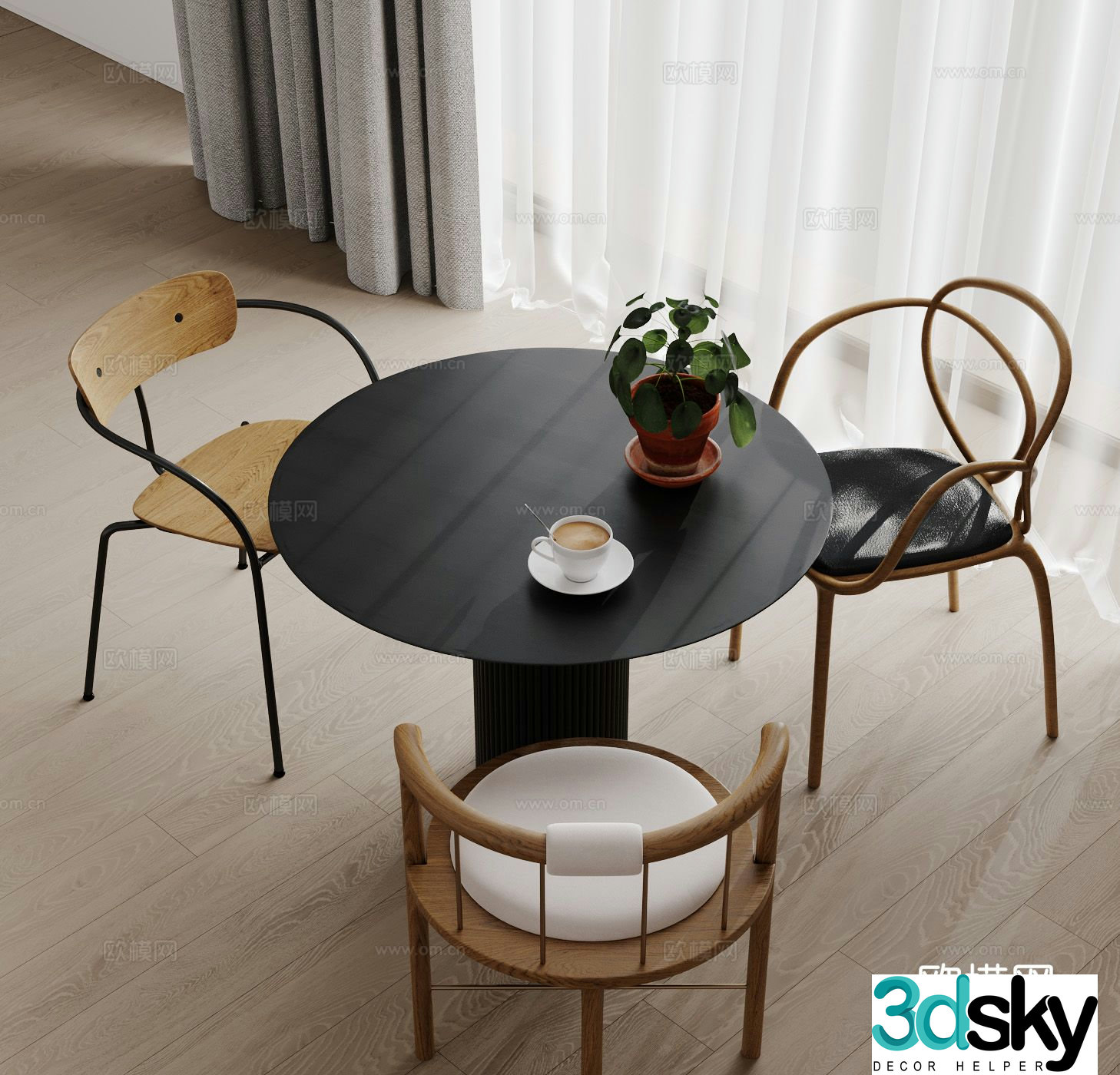 Modern round dining table and chairs 3d model