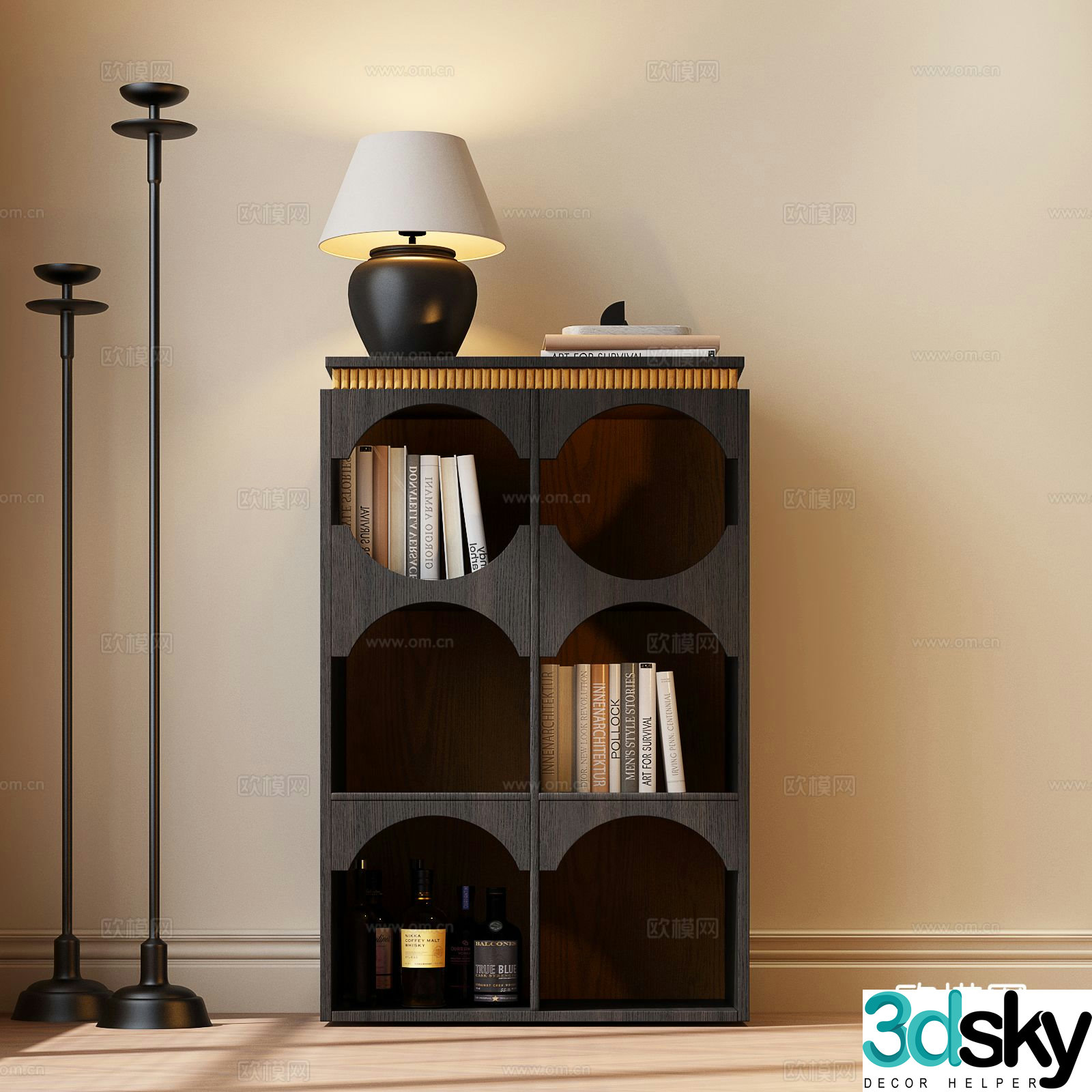 Medieval style bookshelf low cabinet 3D model