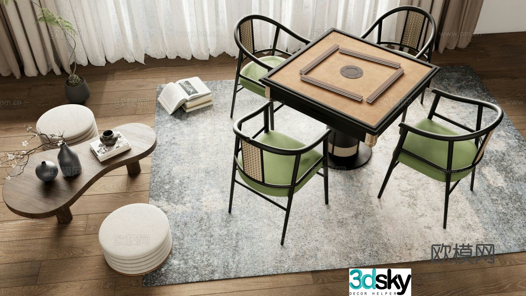 New Chinese style mahjong tables and chairs chess and card tables and chairs 3D model