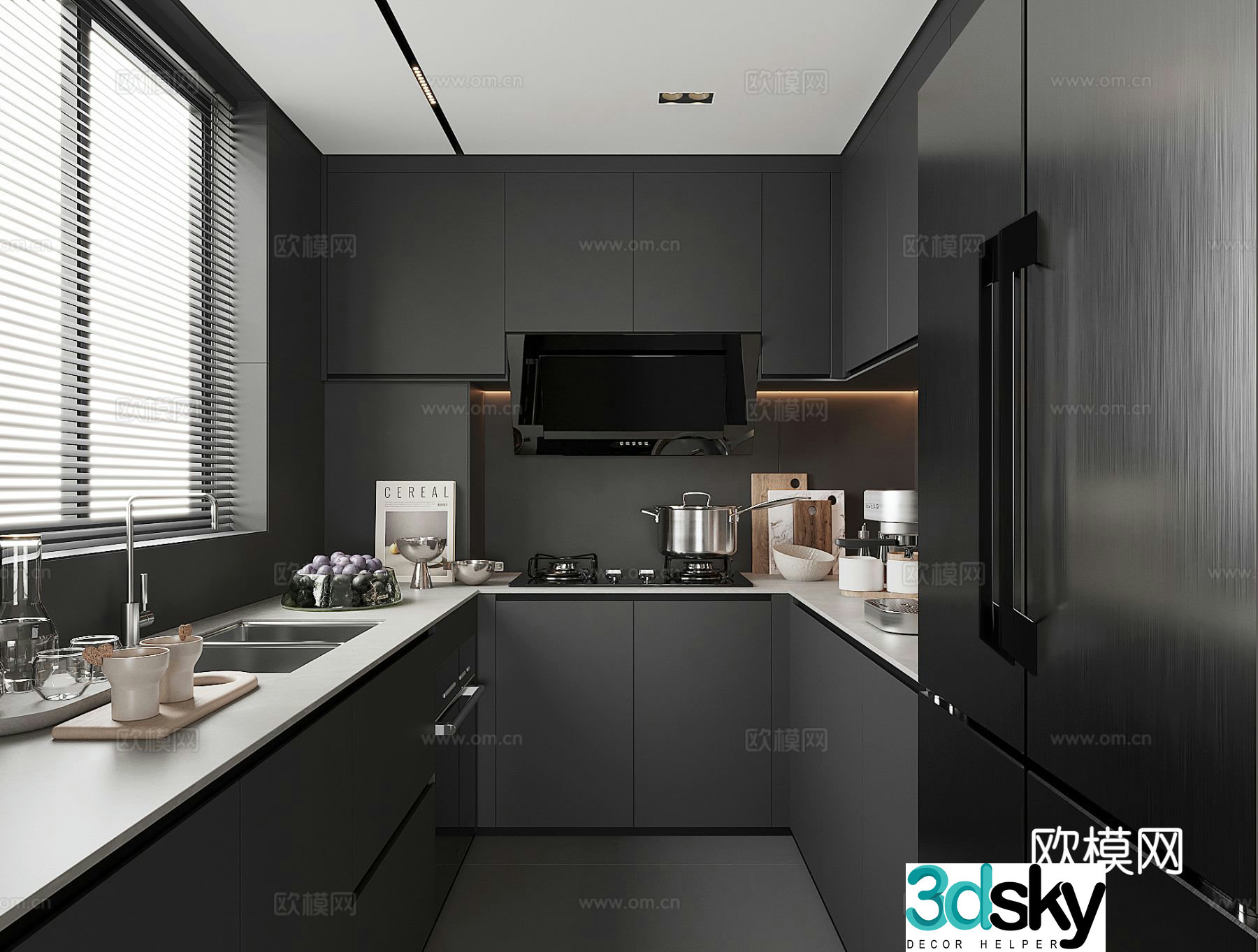 Premium gray kitchen cabinet 3d model