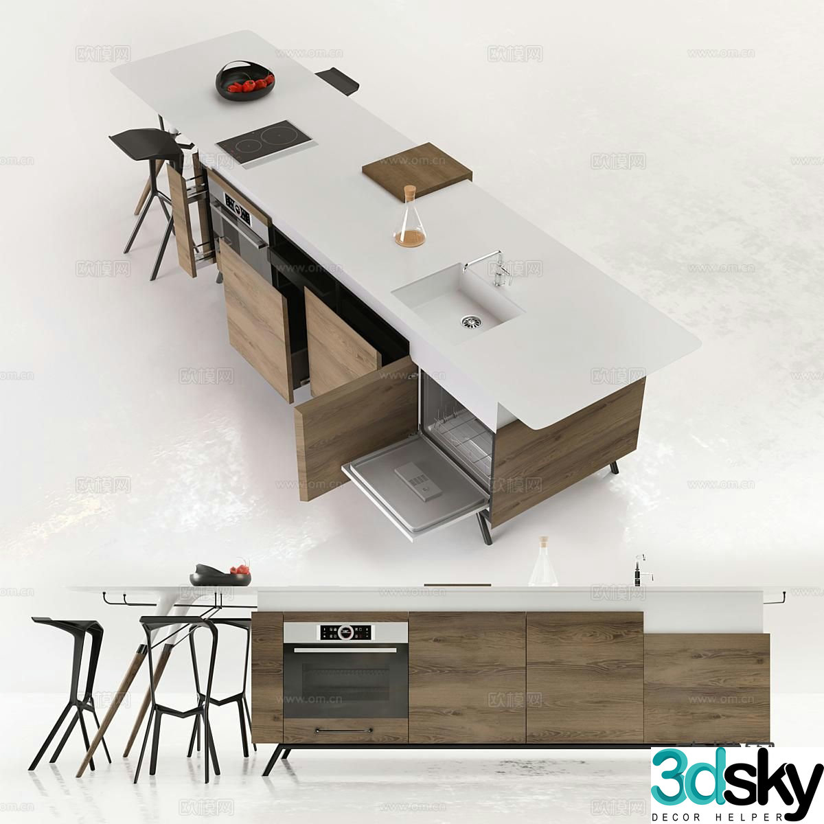 Modern island table dining table and chairs bar counter 3D model