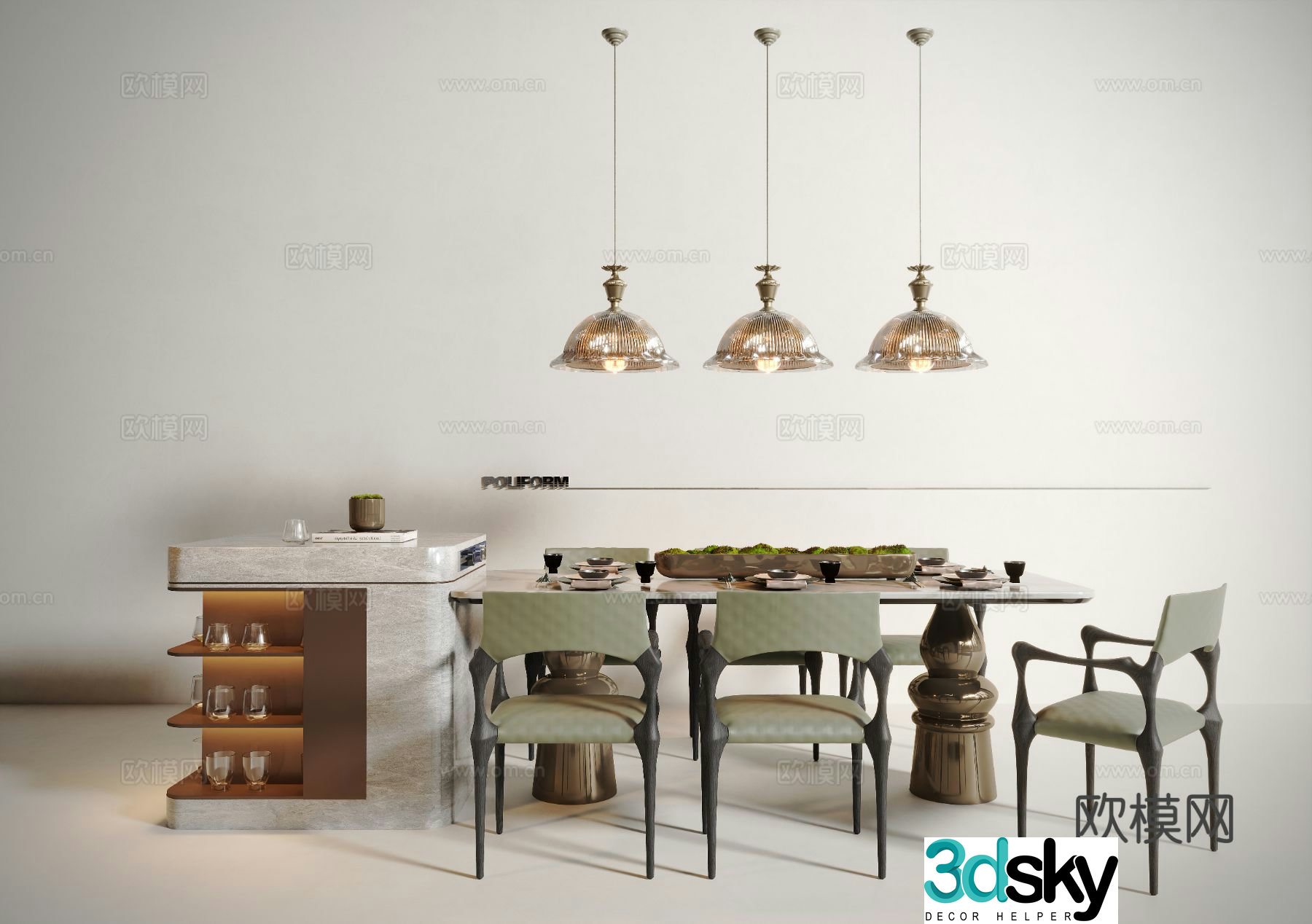 Island table dining table and chairs 3d model