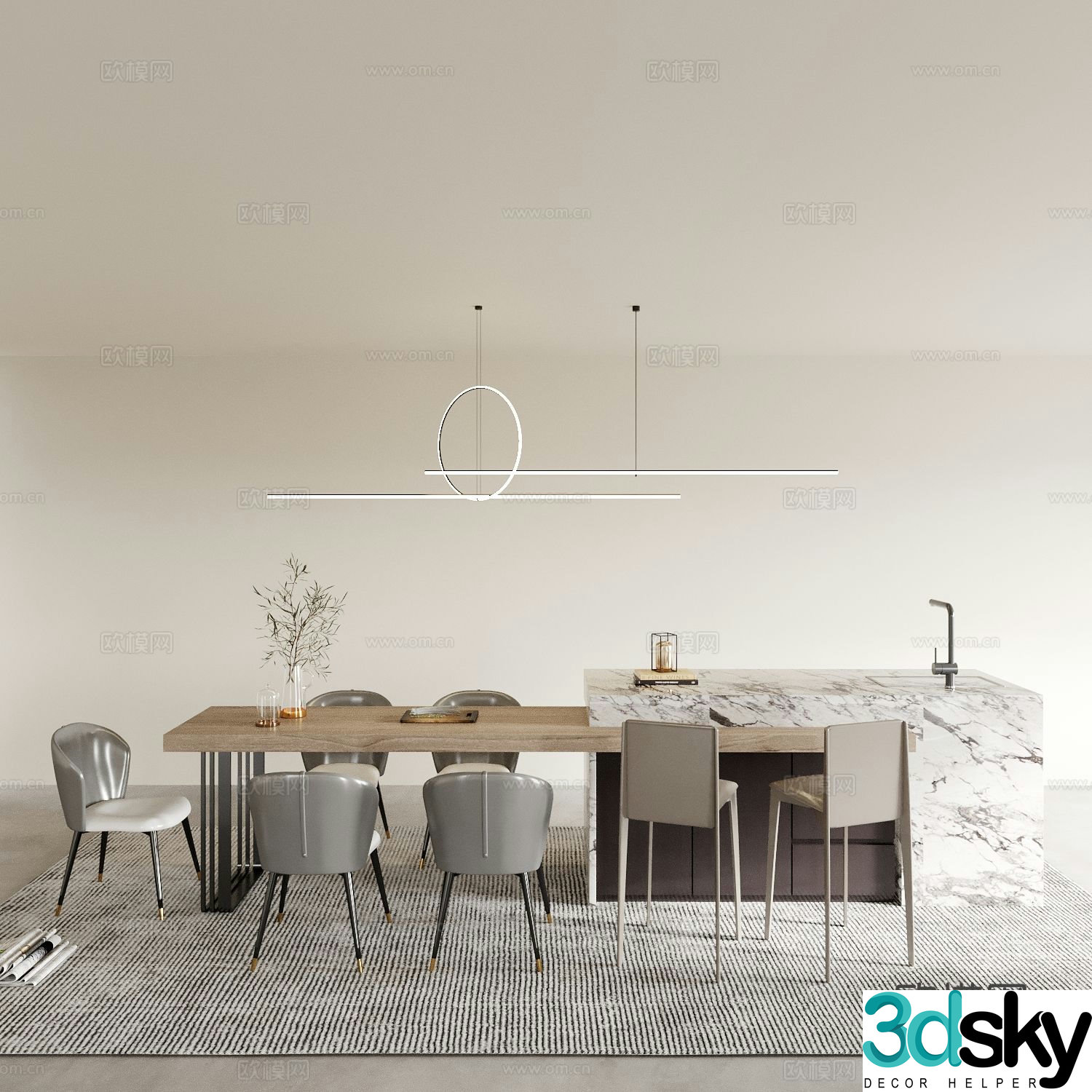 Island table dining table and chairs 3d model