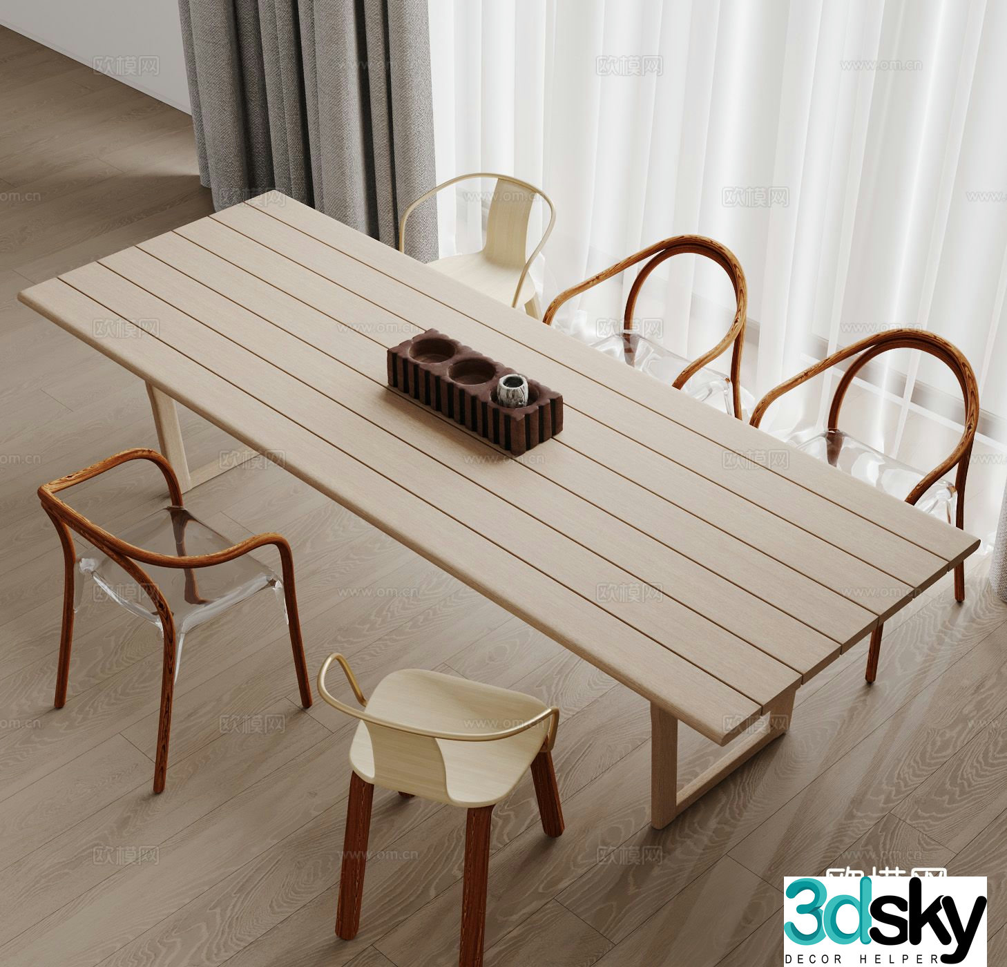 Log dining table and chairs 3d model