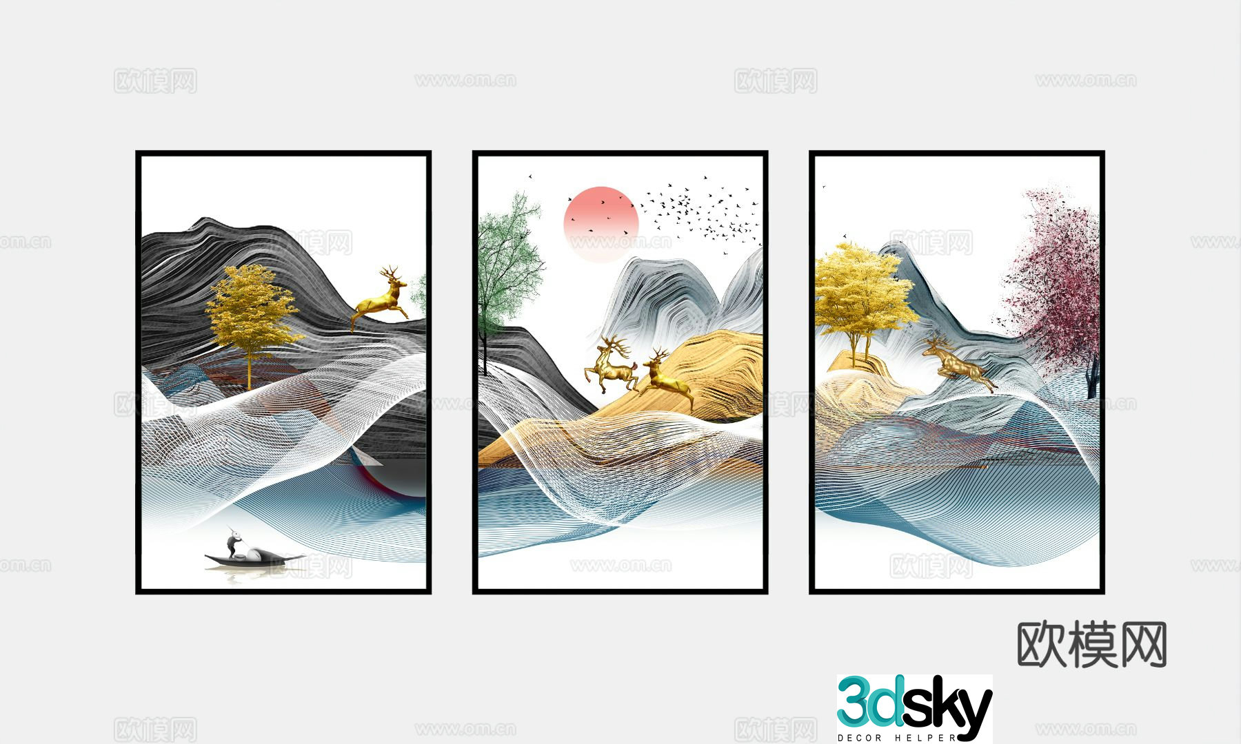 New Chinese style decorative painting art painting deer hanging painting 3d model
