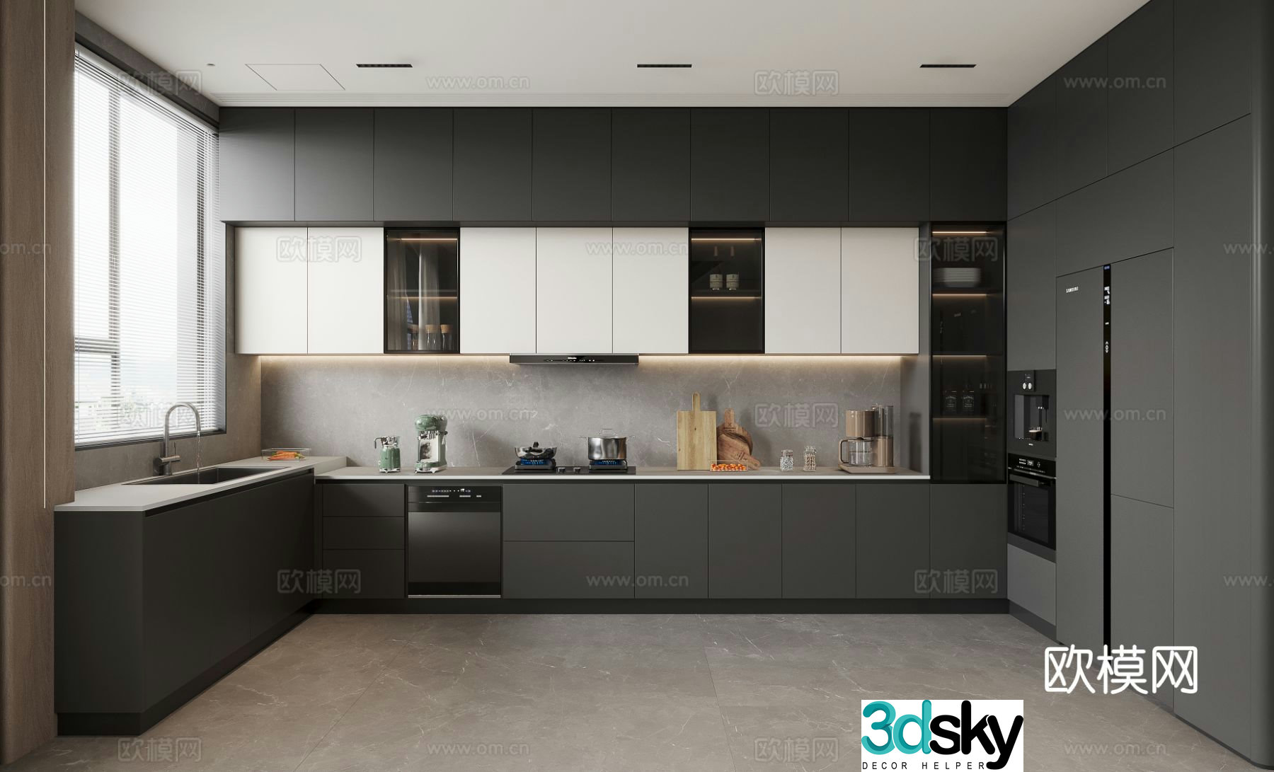 Premium gray kitchen cabinet 3d model