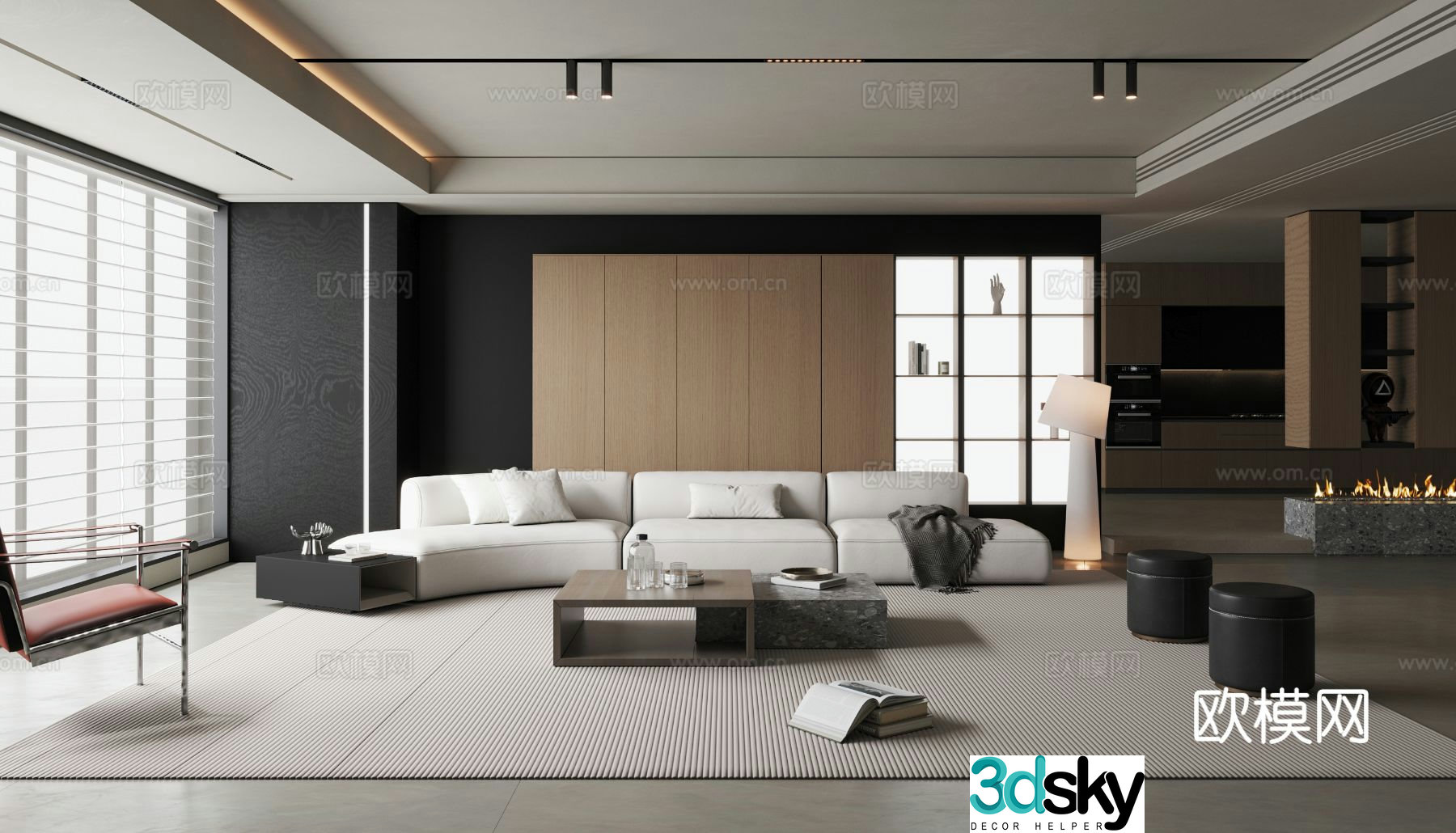 Modern minimalist black and white living room 3d model