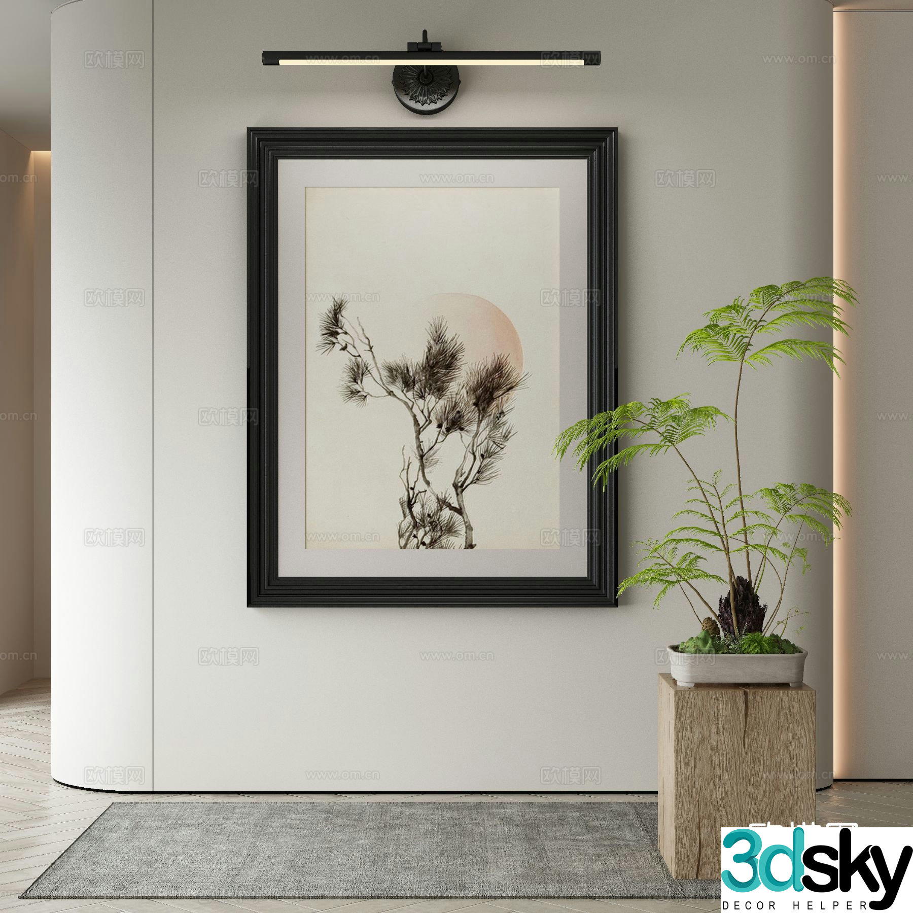 New Chinese style decorative painting Zen hanging painting mirror headlight 3D model