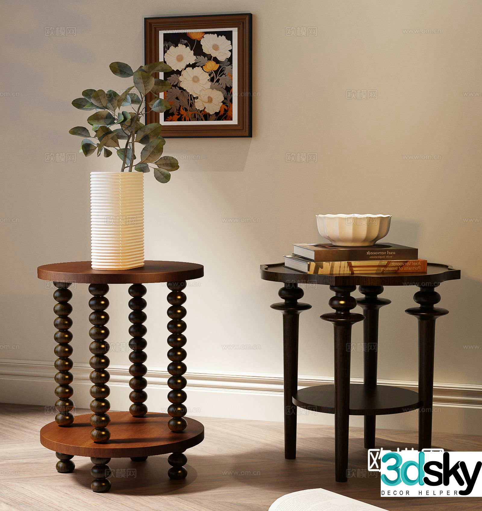 Medieval corner table side table round table 3D model