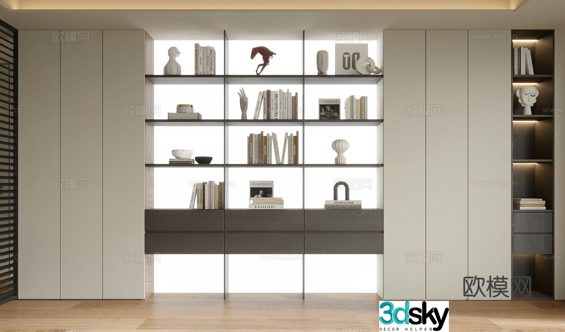Modern wall-to-wall bookcase bookshelf 3d model