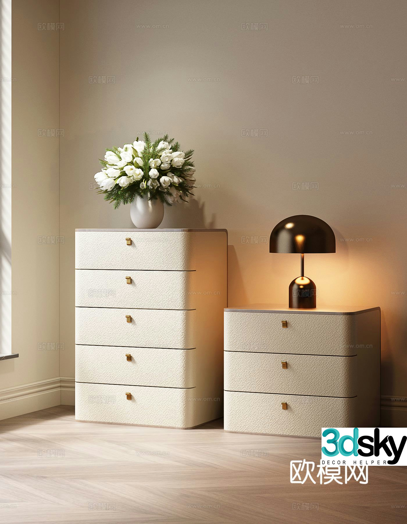 Cream style chest of drawers side cabinet 3d model