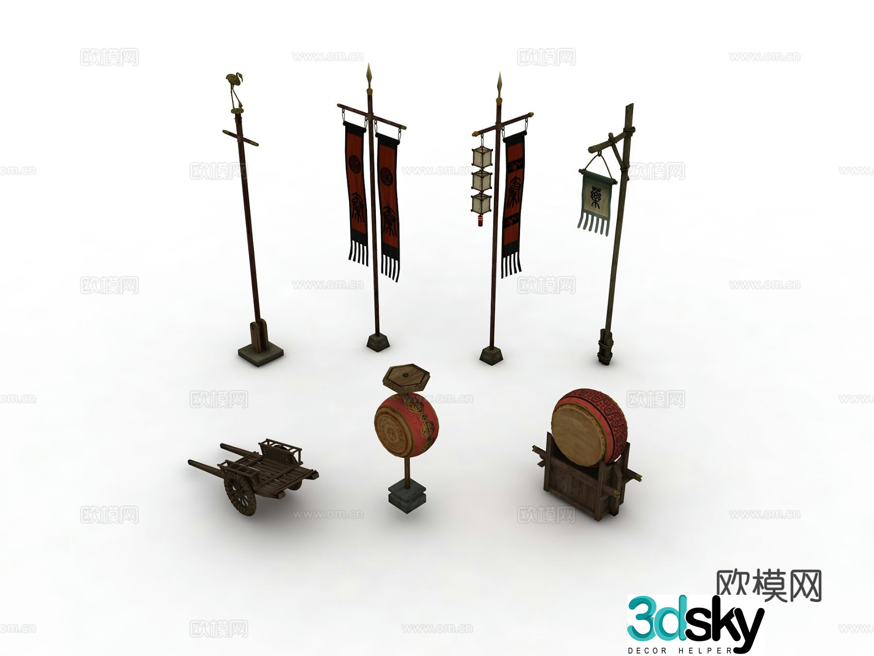 Chinese B&B Sketch Flag Drum 3D Model