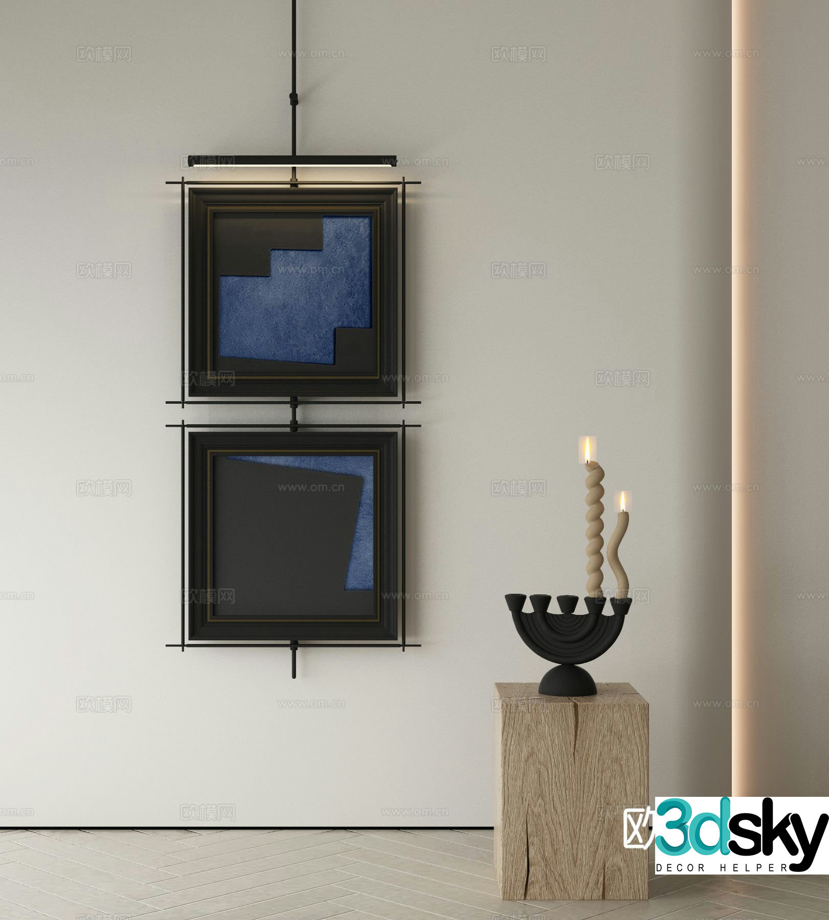 Modern decorative painting blue hanging painting metal pole hanging painting 3d model