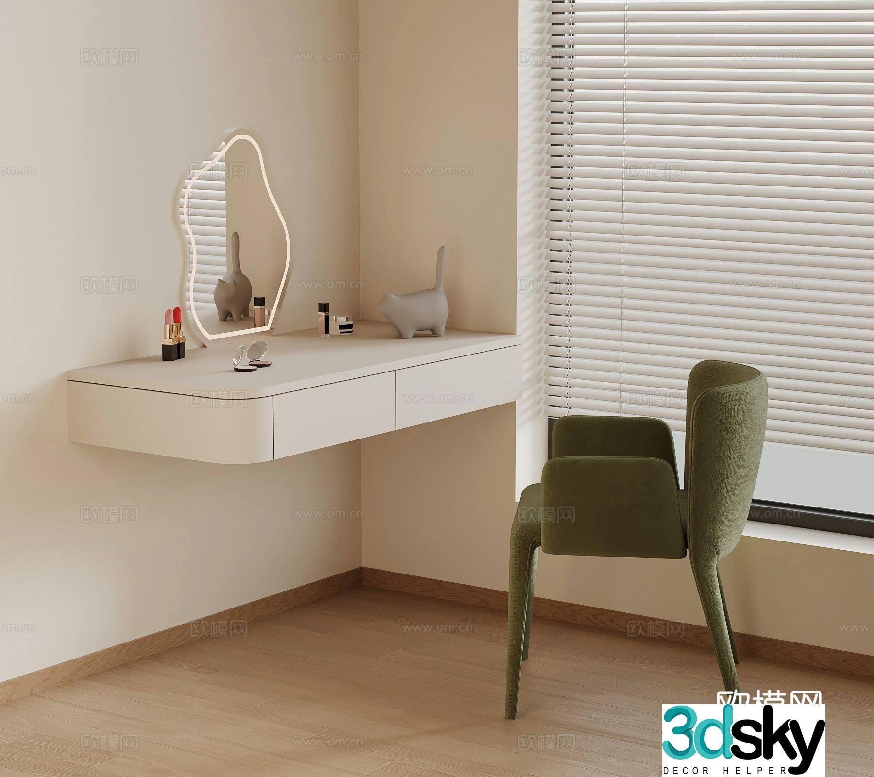 Cream Style Dressing Table Floating Dressing Table 3D Model