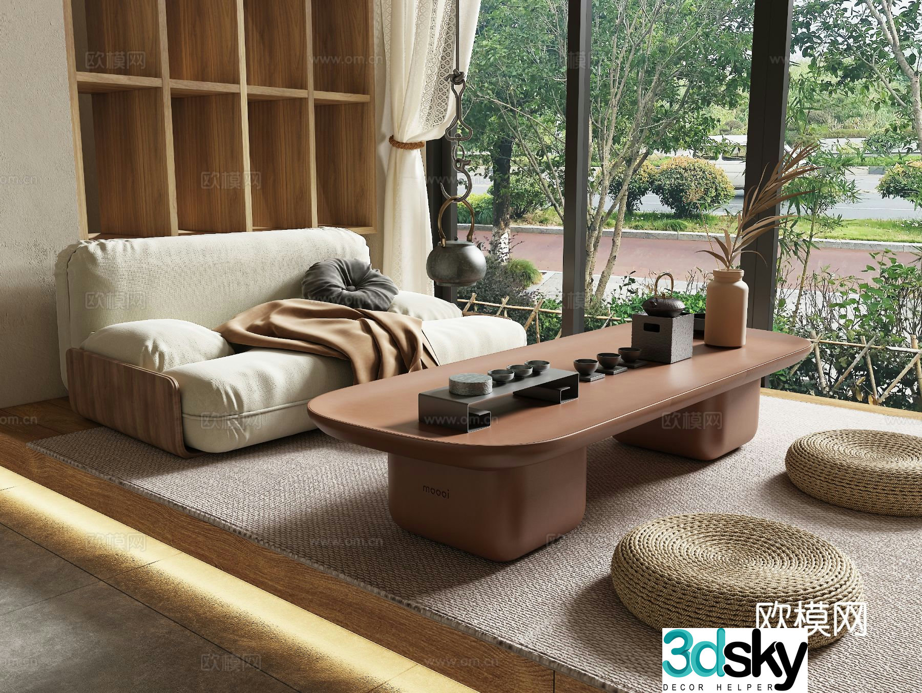 Chinese style tatami tea table and chairs 3d model