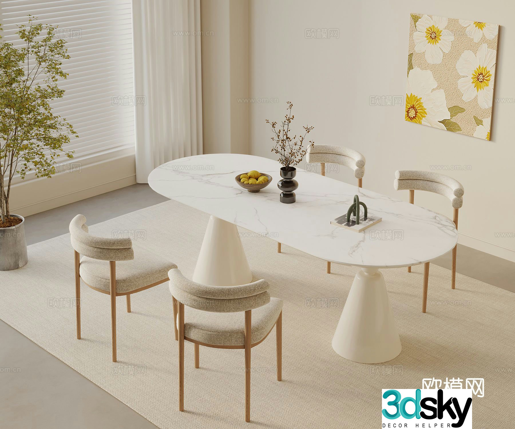 Cream style dining table and chairs 3d model