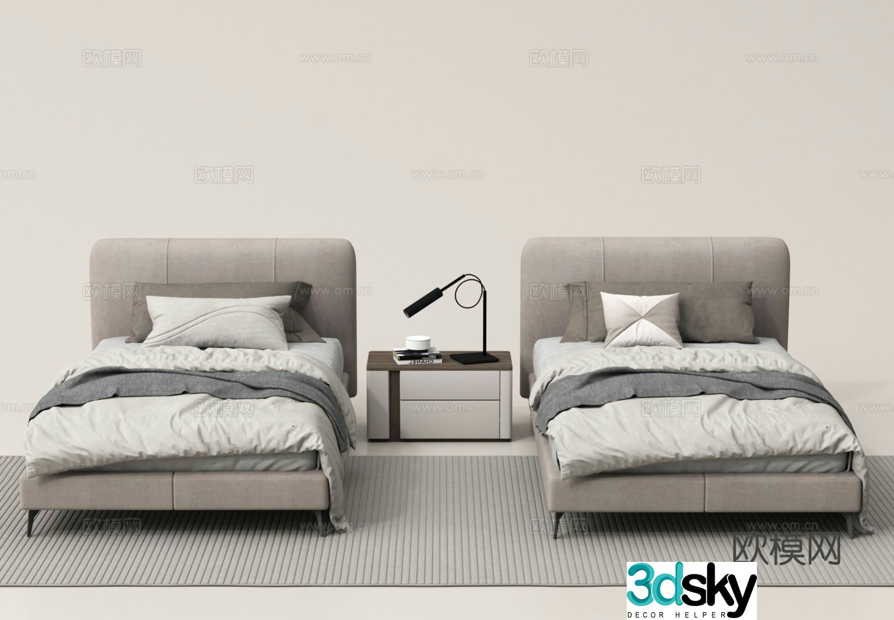 Single bed hotel standard bed bedside table 3d model