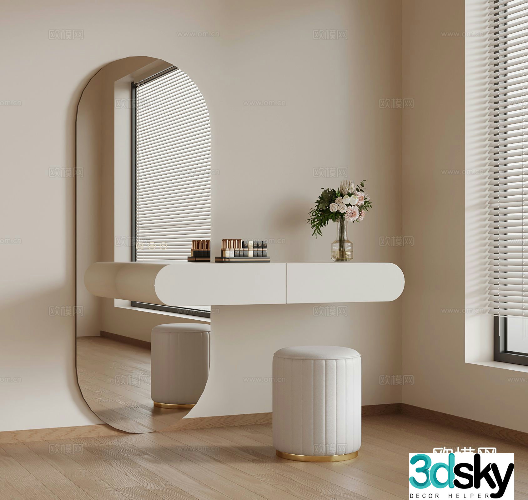 Cream style dressing table makeup table full-length mirror 3D model