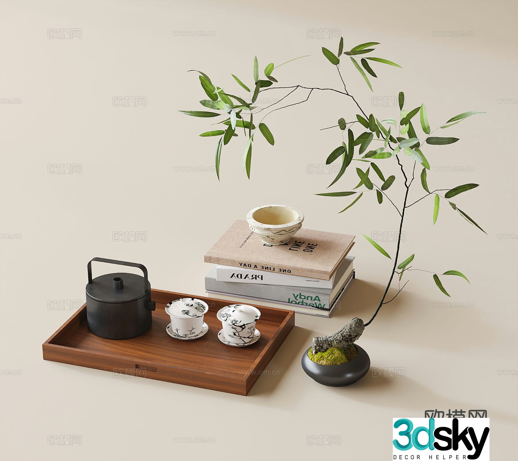 New Chinese style decorations tableware tea sets books 3D model