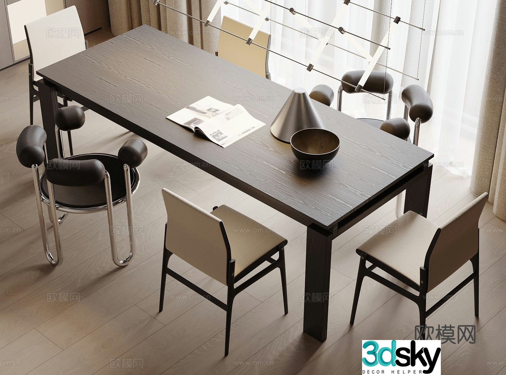 Italian dining table and chairs strip dining table 3D model