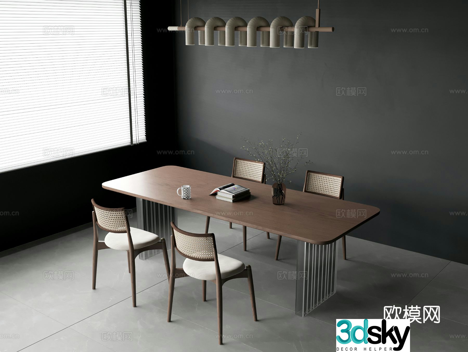 Wabi-sabi dining table and chairs strip dining table 3d model