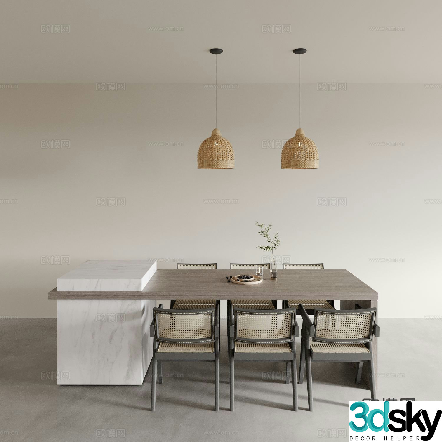Wabi-sabi dining table and chairs island dining table 3d model