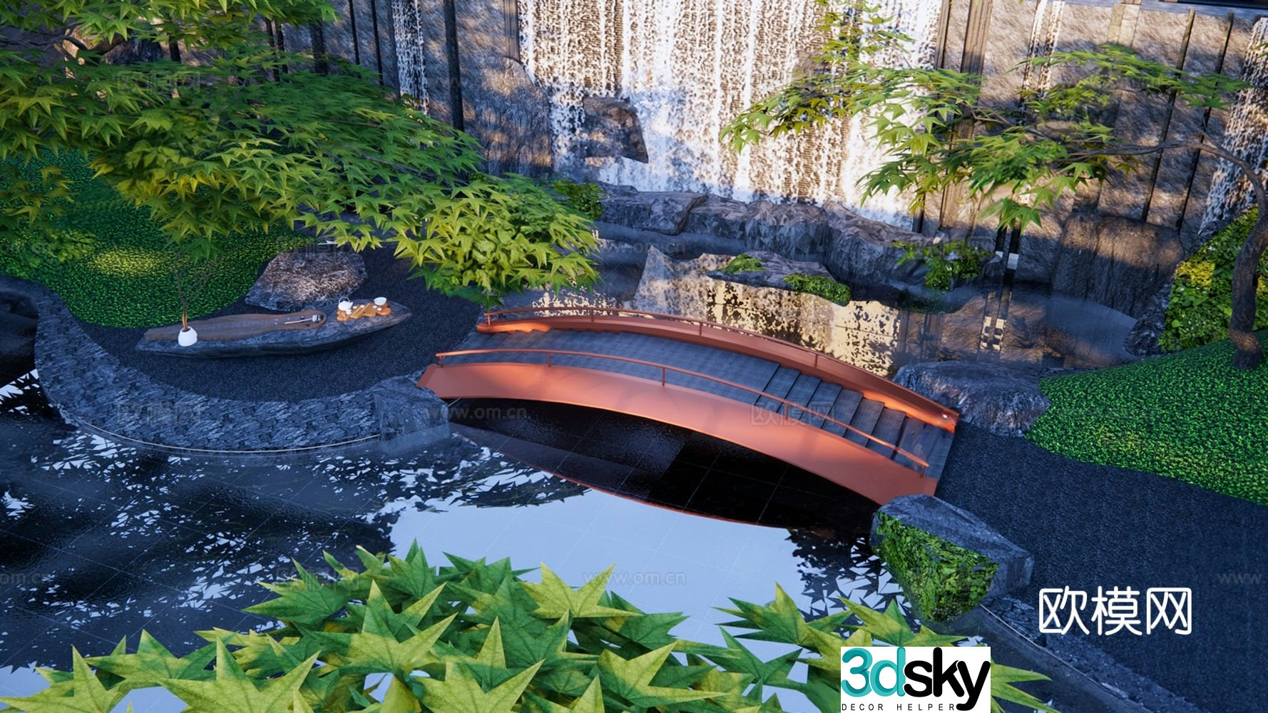 New Chinese style landscape bridge small arch bridge waterfall flowing water 3D model