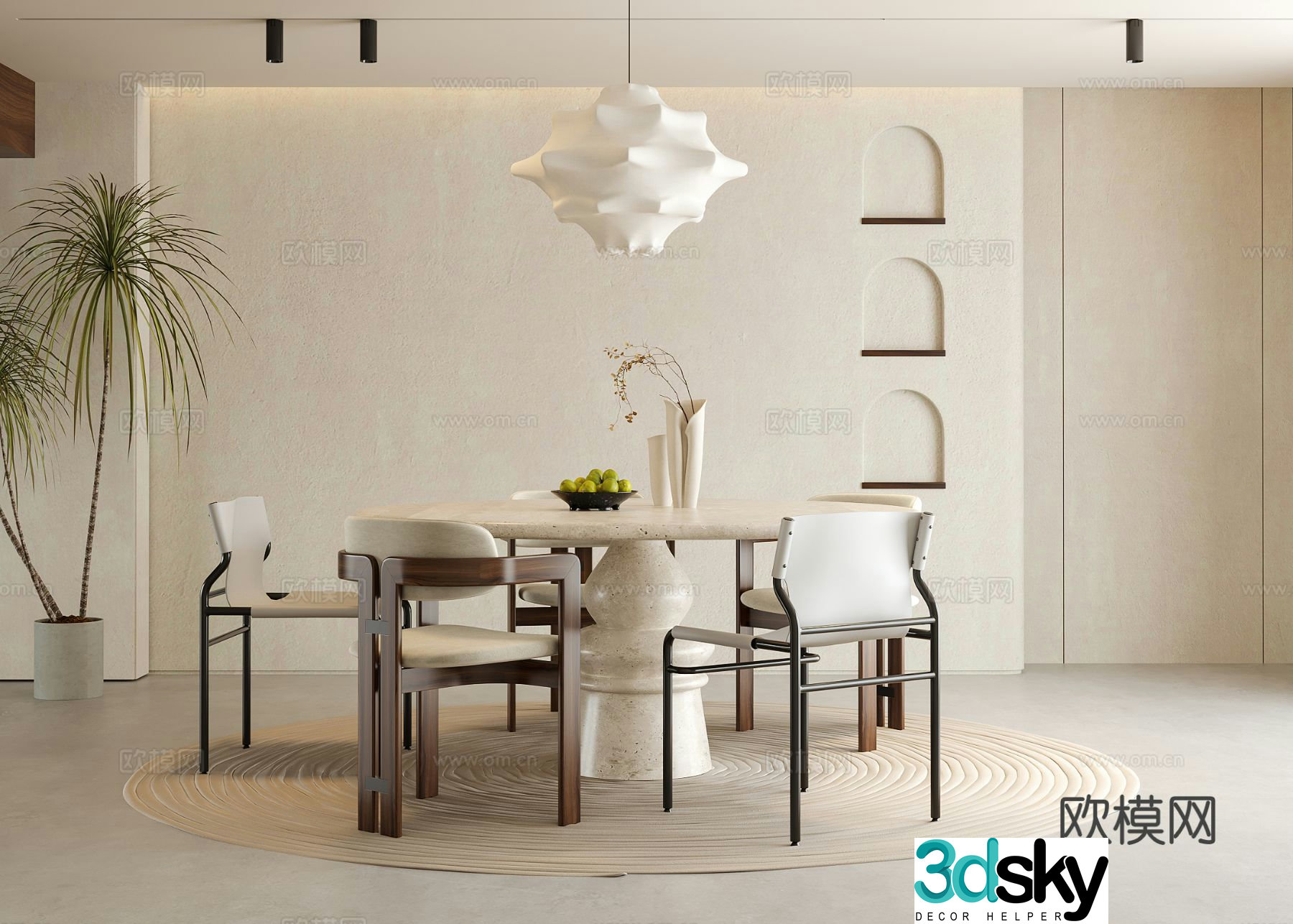 Wabi-sabi dining table and chairs round dining table 3d model