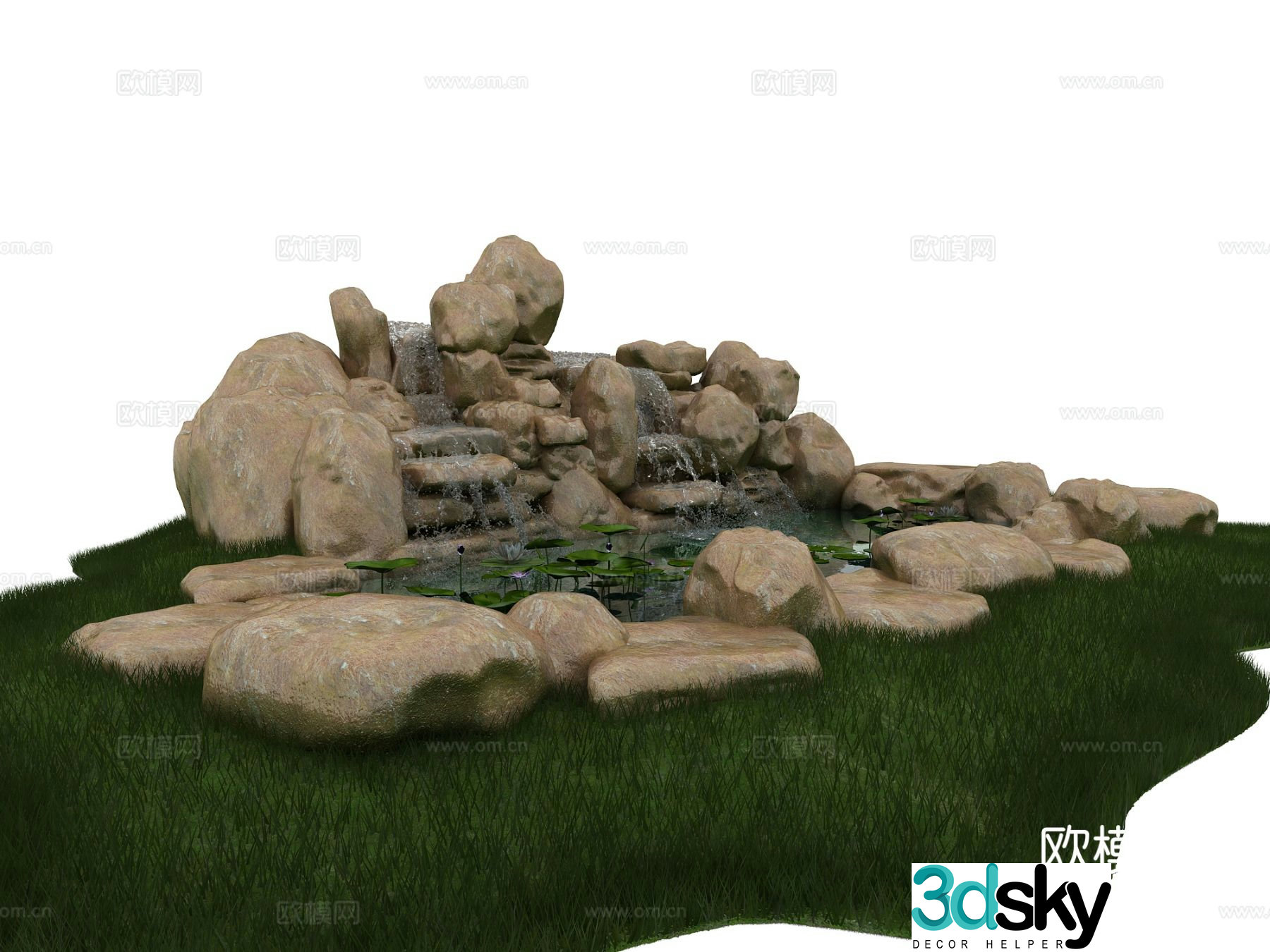 New Chinese style rockery stone flowing water lotus pond 3D model
