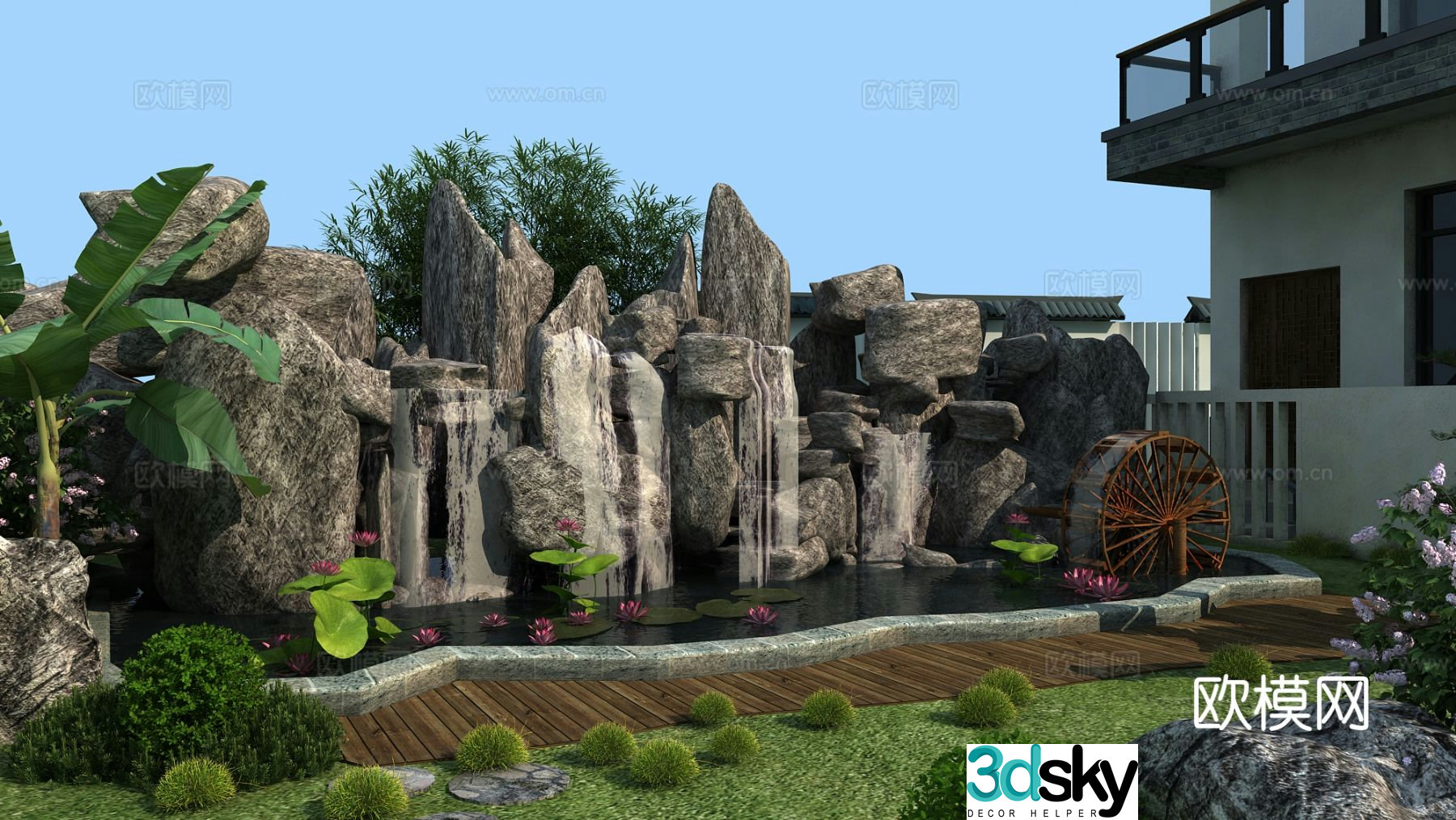 New Chinese style rockery waterfall and flowing water lotus pond 3D model