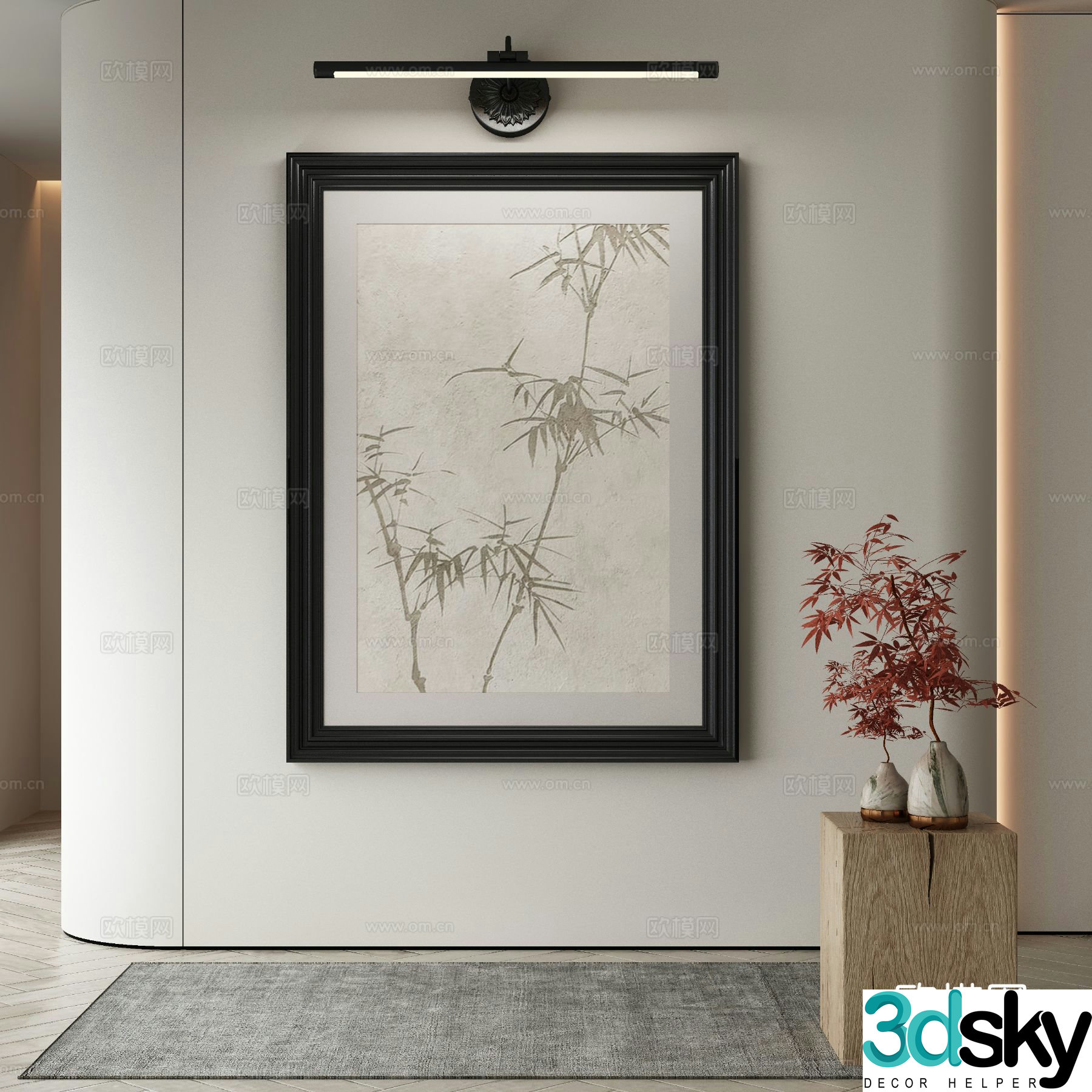 New Chinese style decorative painting bamboo hanging painting mirror headlight 3d model