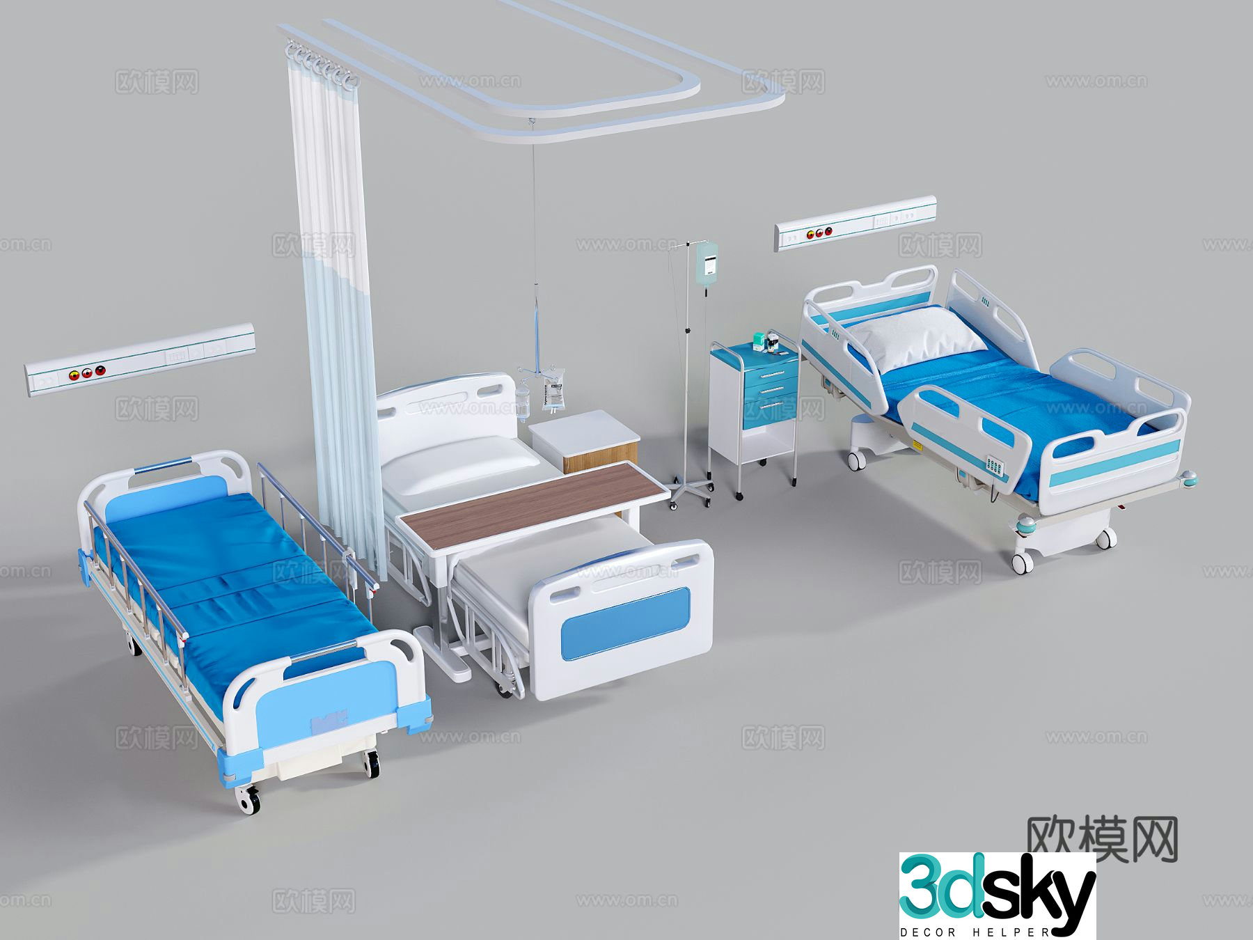 Modern medical equipment, hospital bed, sling bottle, treatment cart, slide curtain 3D model