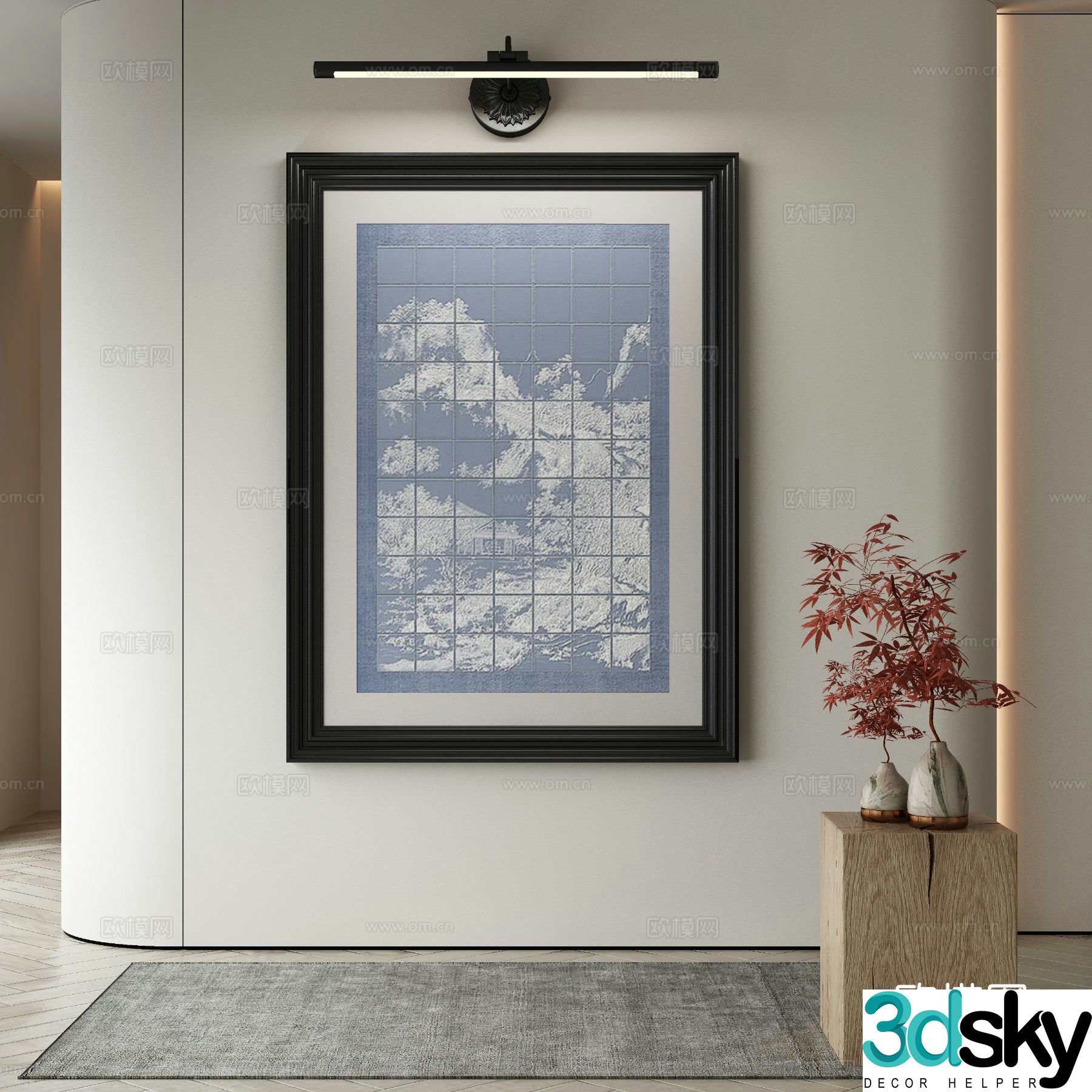 New Chinese style decorative painting Zen hanging painting mirror headlight 3D model