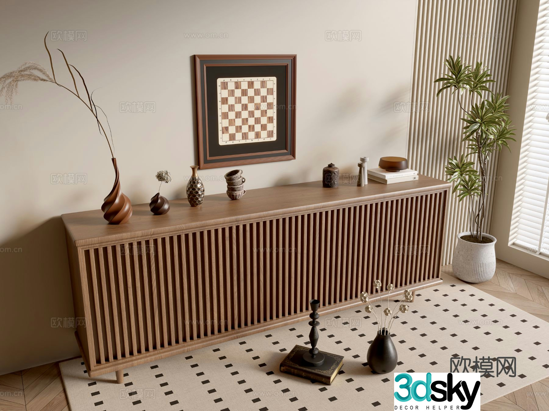 Log style entrance cabinet side cabinet wood grain cabinet 3D model