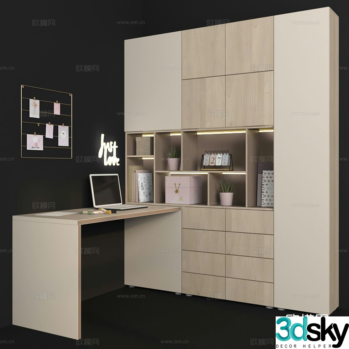 Modern bookcase desk integrated cabinet 3d model