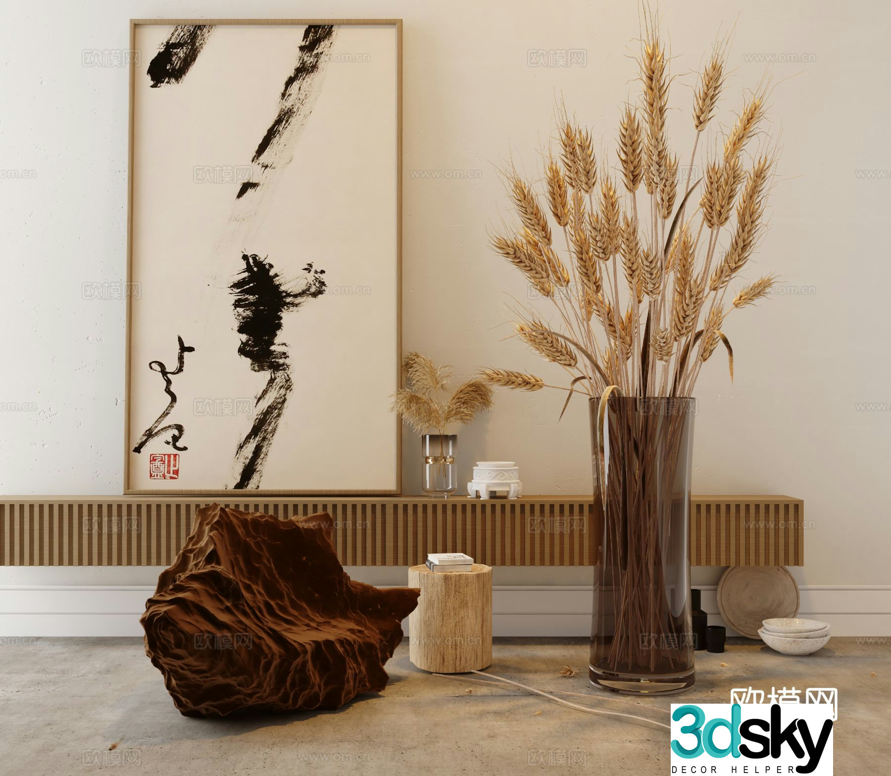 Medieval style vase dried branch flower arrangement furnishings rice ear and reed 3D model