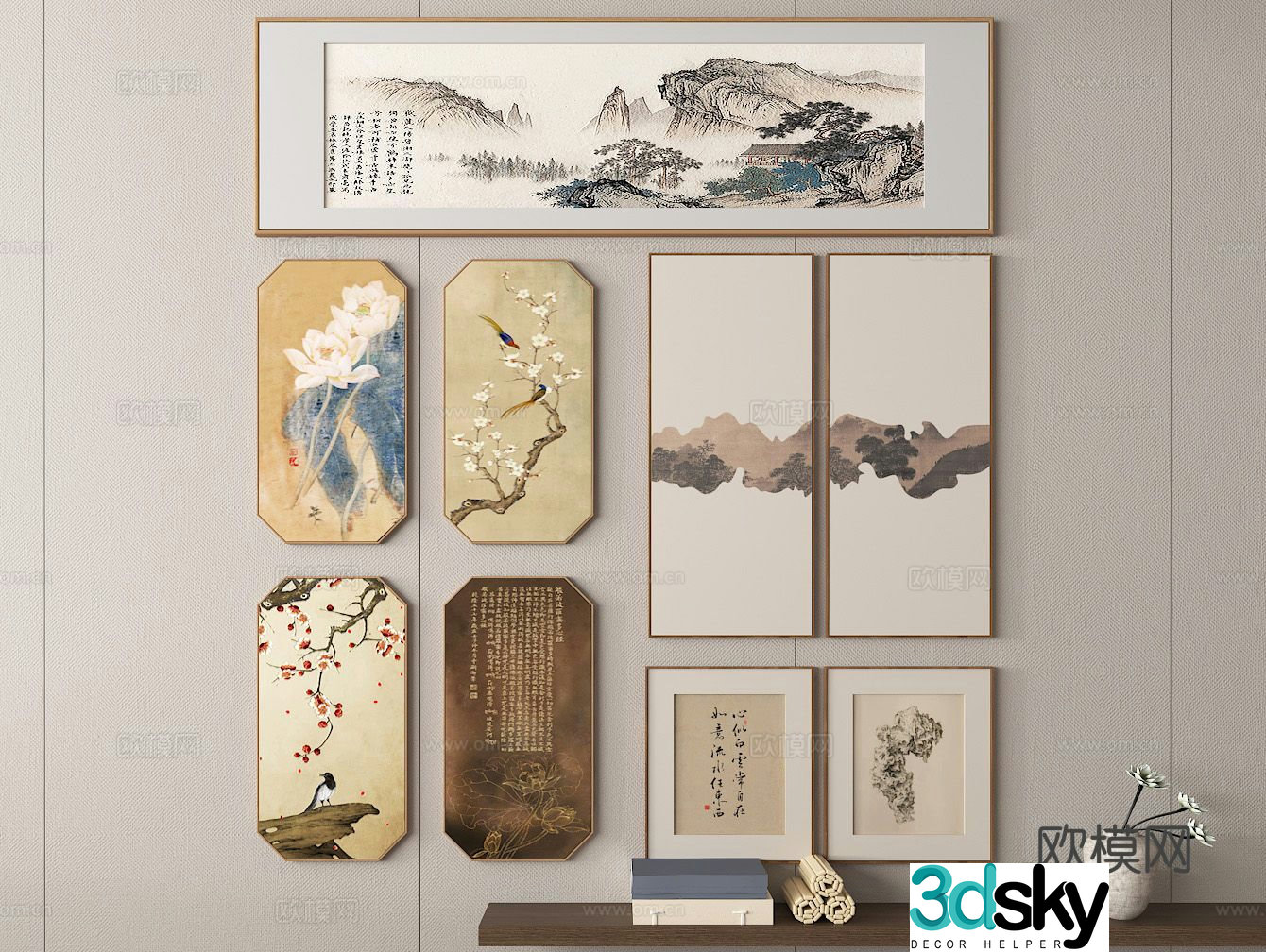 Chinese ink painting hanging painting combination frame painting landscape painting 3d model