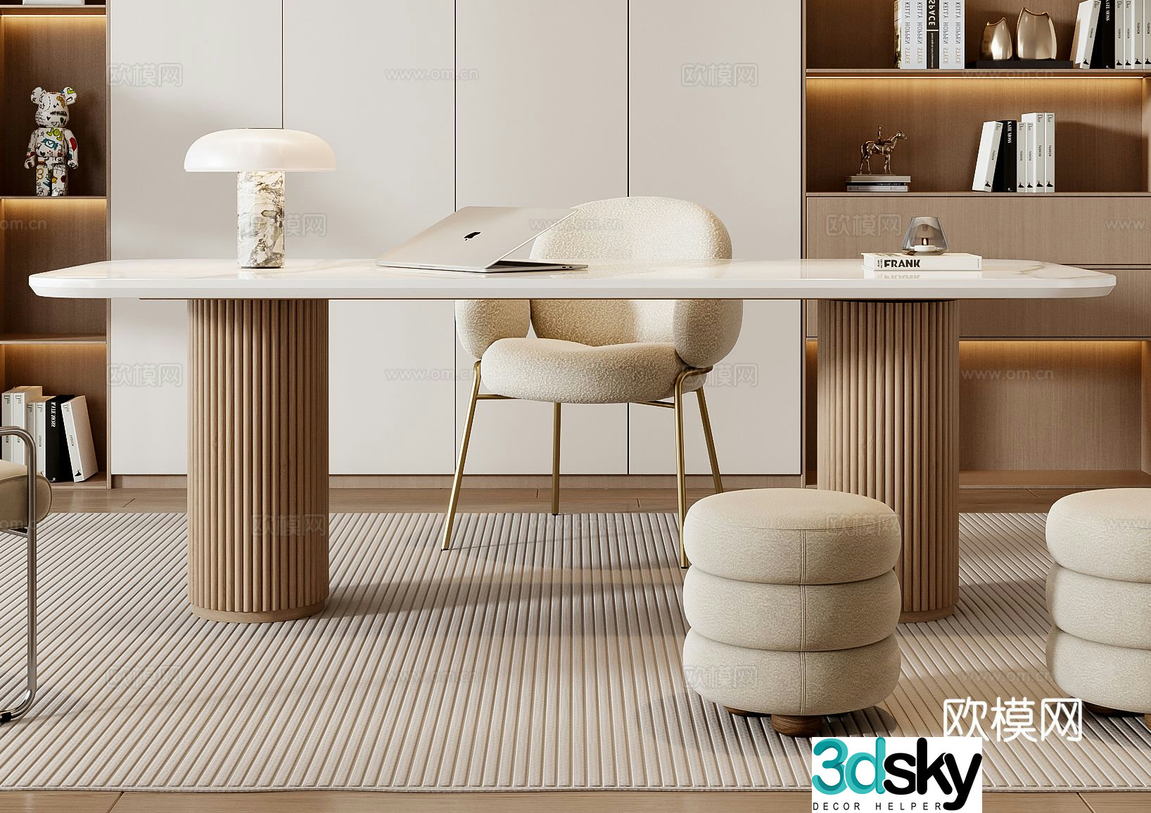 Cream style desk writing desk 3d model