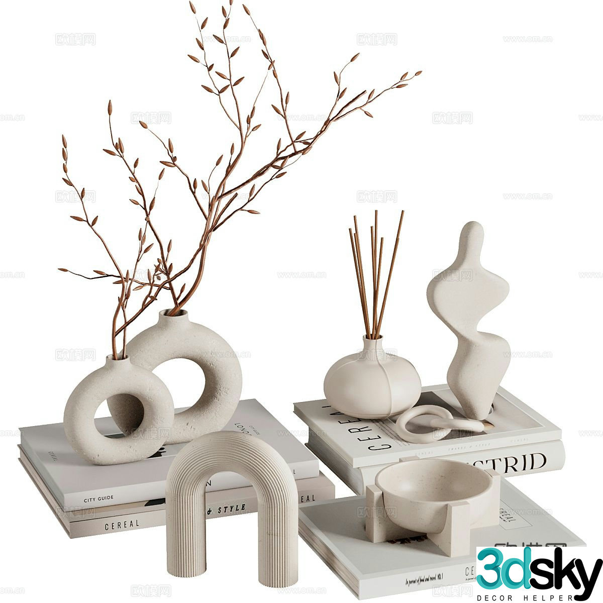 Modern decorations tableware books vase 3d model