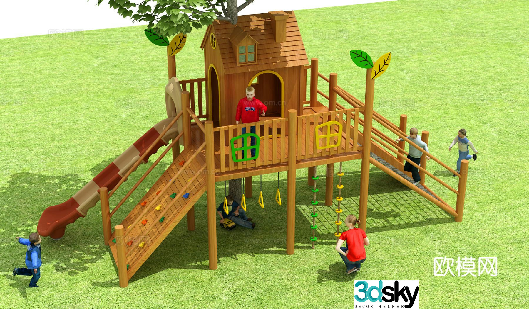 Kindergarten wooden cabin climbing net slide 3d model