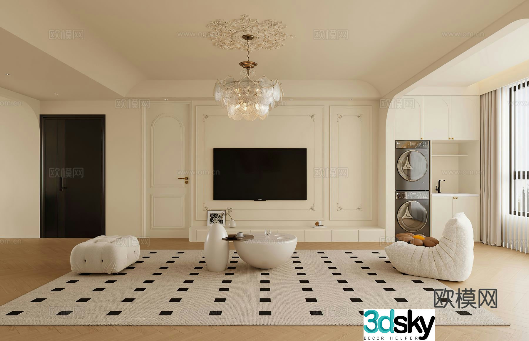 French living room TV background 3d model