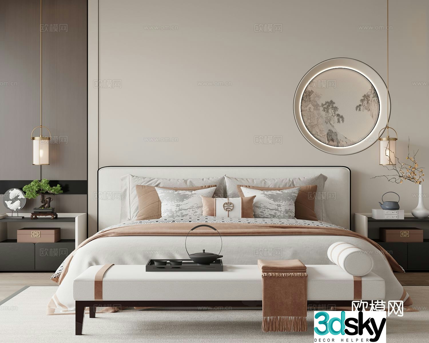 New Chinese style double bed 3d model